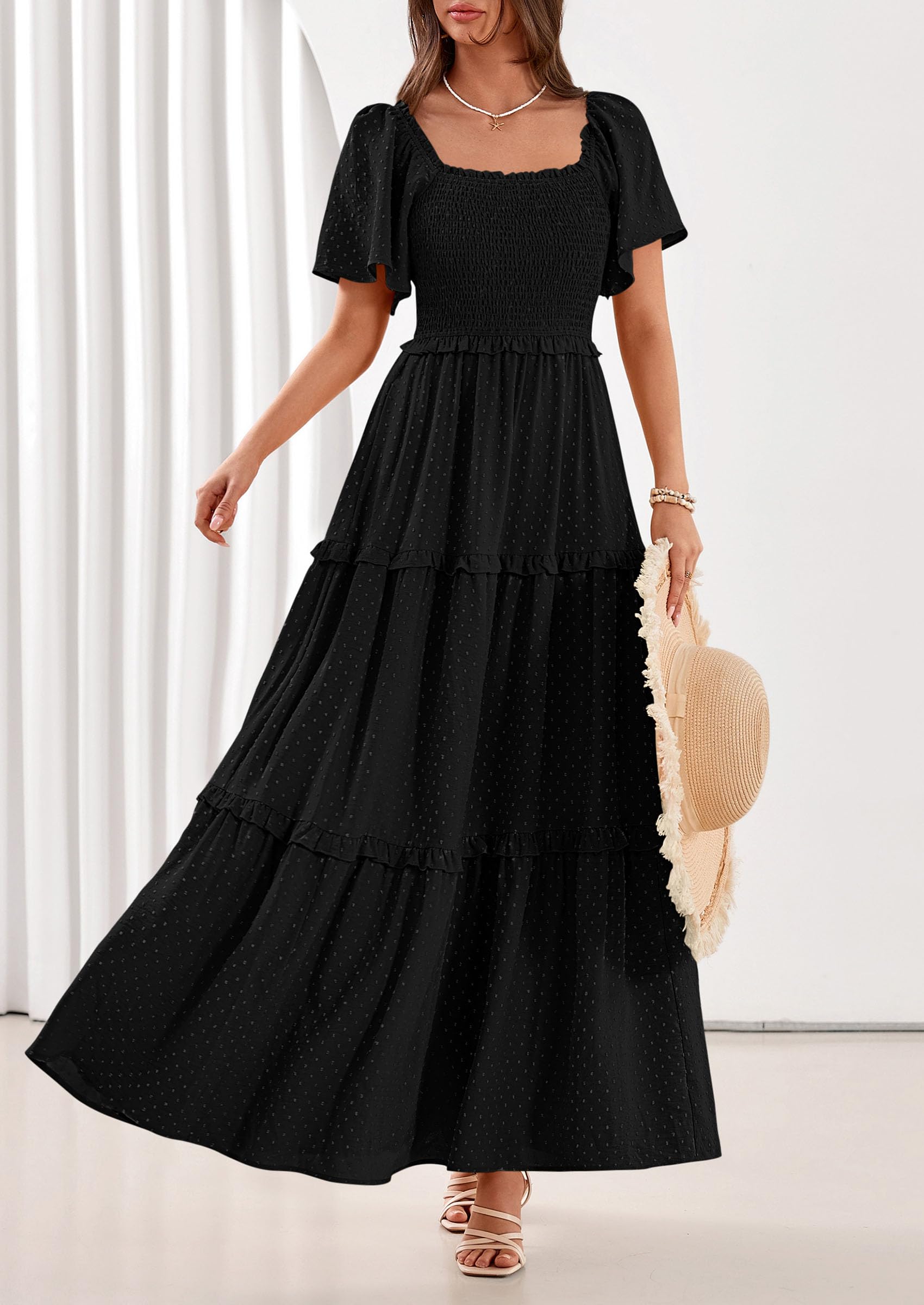 PRETTYGARDEN Summer Dresses for Women Boho Swiss Dot Smocked Square Neck Short Sleeve Spring Wedding Guest Maxi Dress