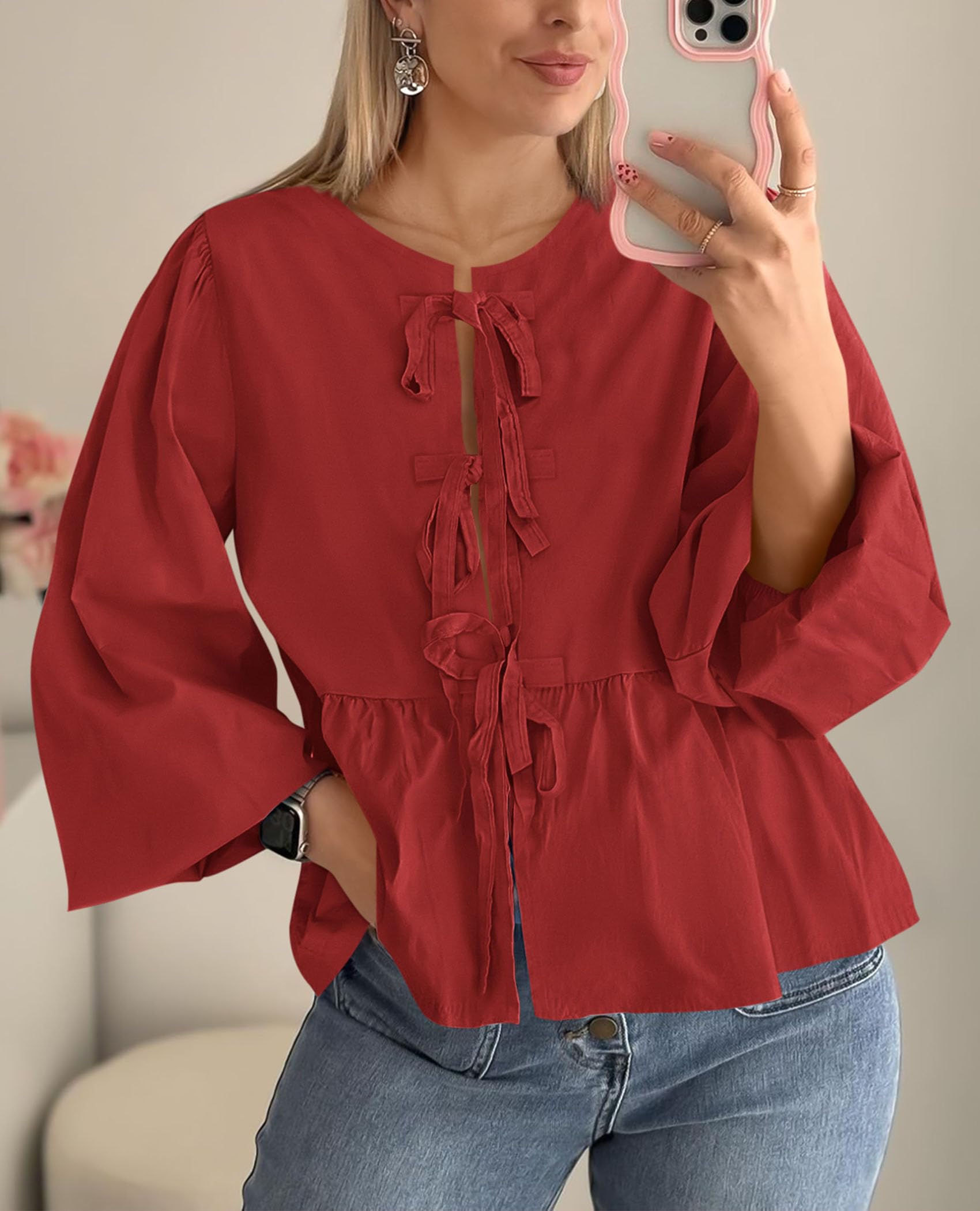 PRETTYGARDEN Women's Spring Fall Babydoll Peplum Blouse Shirt Puff Long Sleeve Bow Tie Front Trendy Cute Y2K Going Out Tops