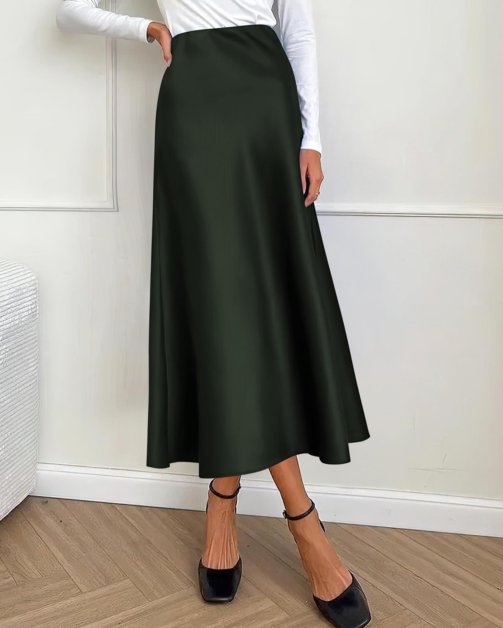 BTFBM Summer Womens Skirts Silk Elegant High Waist Flowy Long Satin A-Line Midi Skirt Cocktail Wedding Party