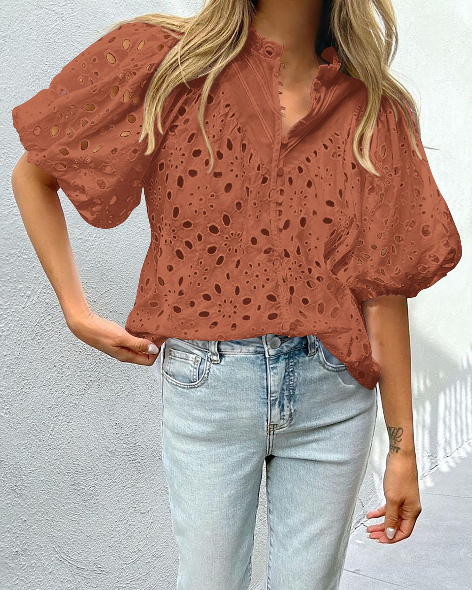 PRETTYGARDEN Women's Summer Tops Dressy Casual Short Sleeve V Neck Buttons Hollow Out Lace Embroidered Blouses Shirts