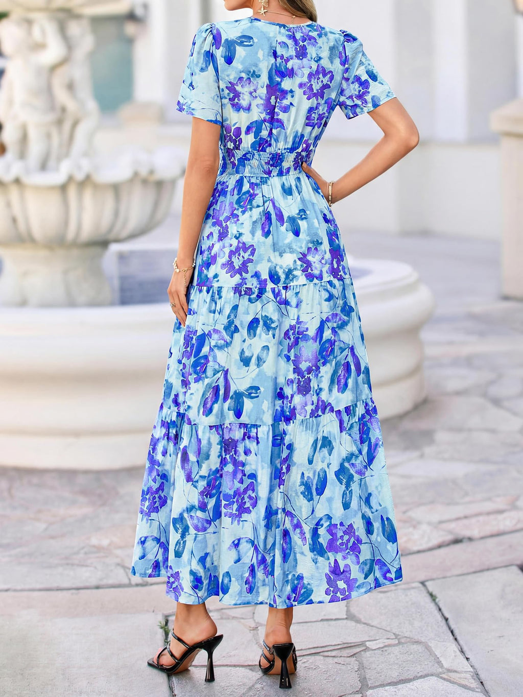 BTFBM Womens Summer Floral Maxi Dresses V Neck Short Sleeve Boho Casual Flowy Long Wedding Guest Dress Beach Vacation