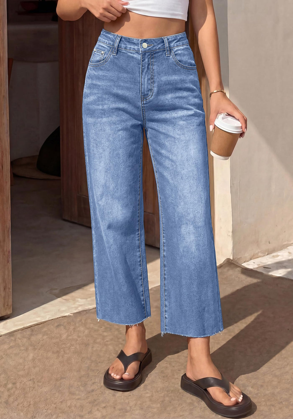BTFBM Jeans for Women Summer High Waisted Button Straight Leg Stretchy Cropped Raw Hem Trendy Denim Pants Pockets