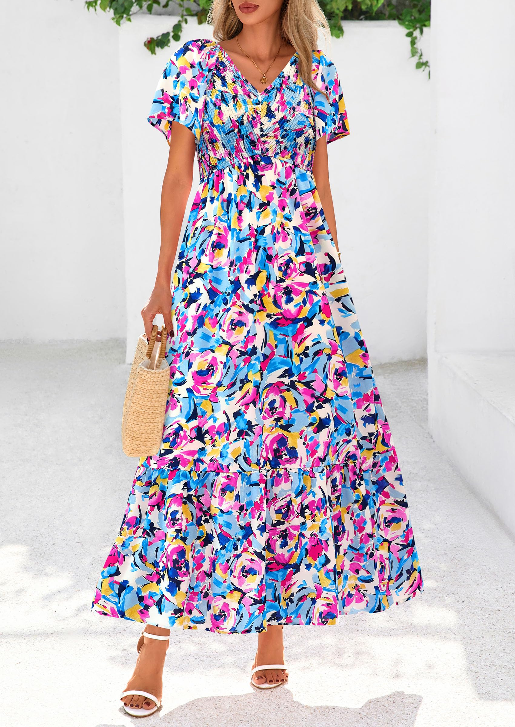 PRETTYGARDEN Boho Dresses for Women Summer Floral Short Sleeve V Neck Smocked Flowy Beach Vacation Maxi Dress