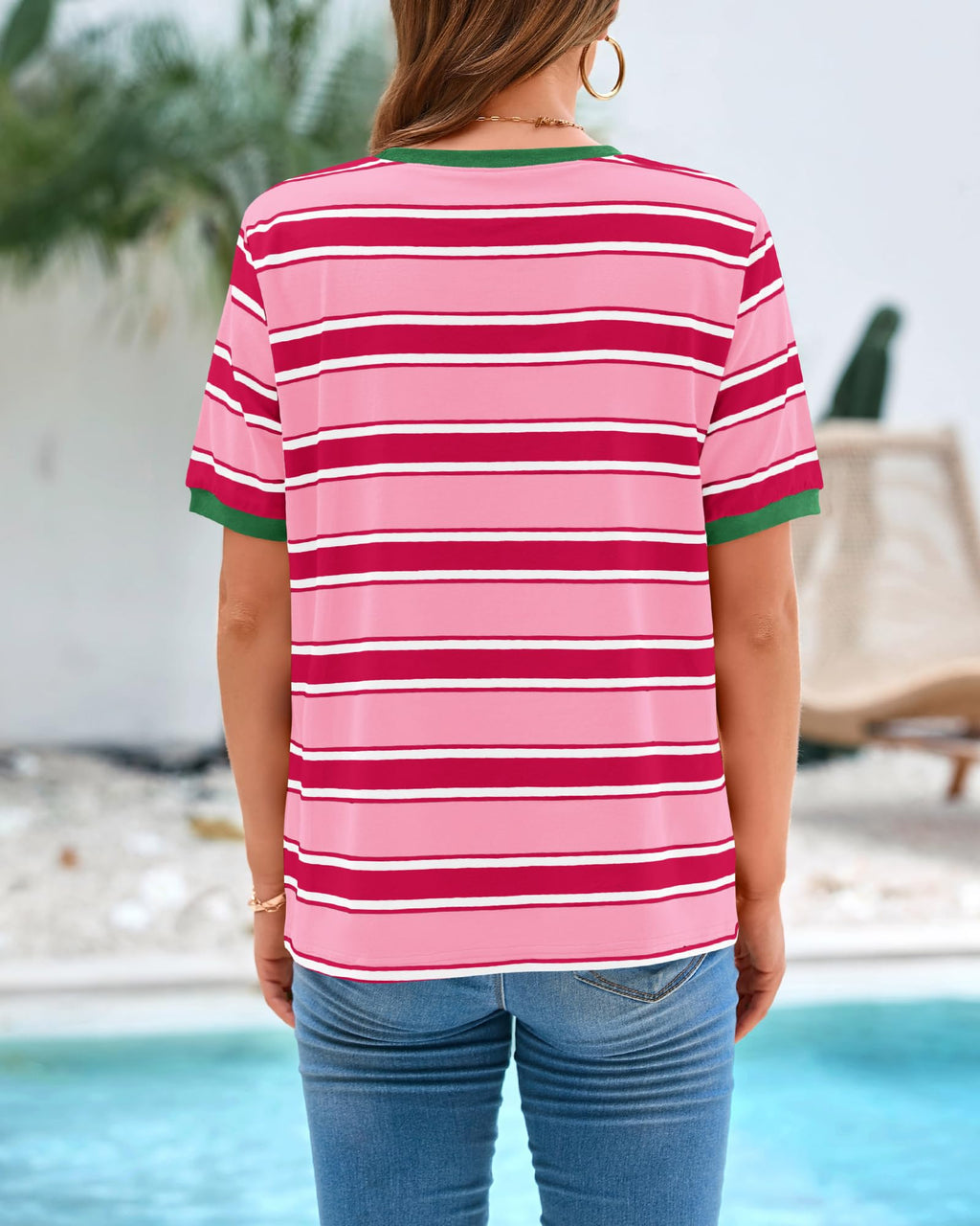 BTFBM Summer Tops for Women Crewneck Short Sleeve Striped T Shirts Casual Spring Clothes Color Block Basic Tee Blouses