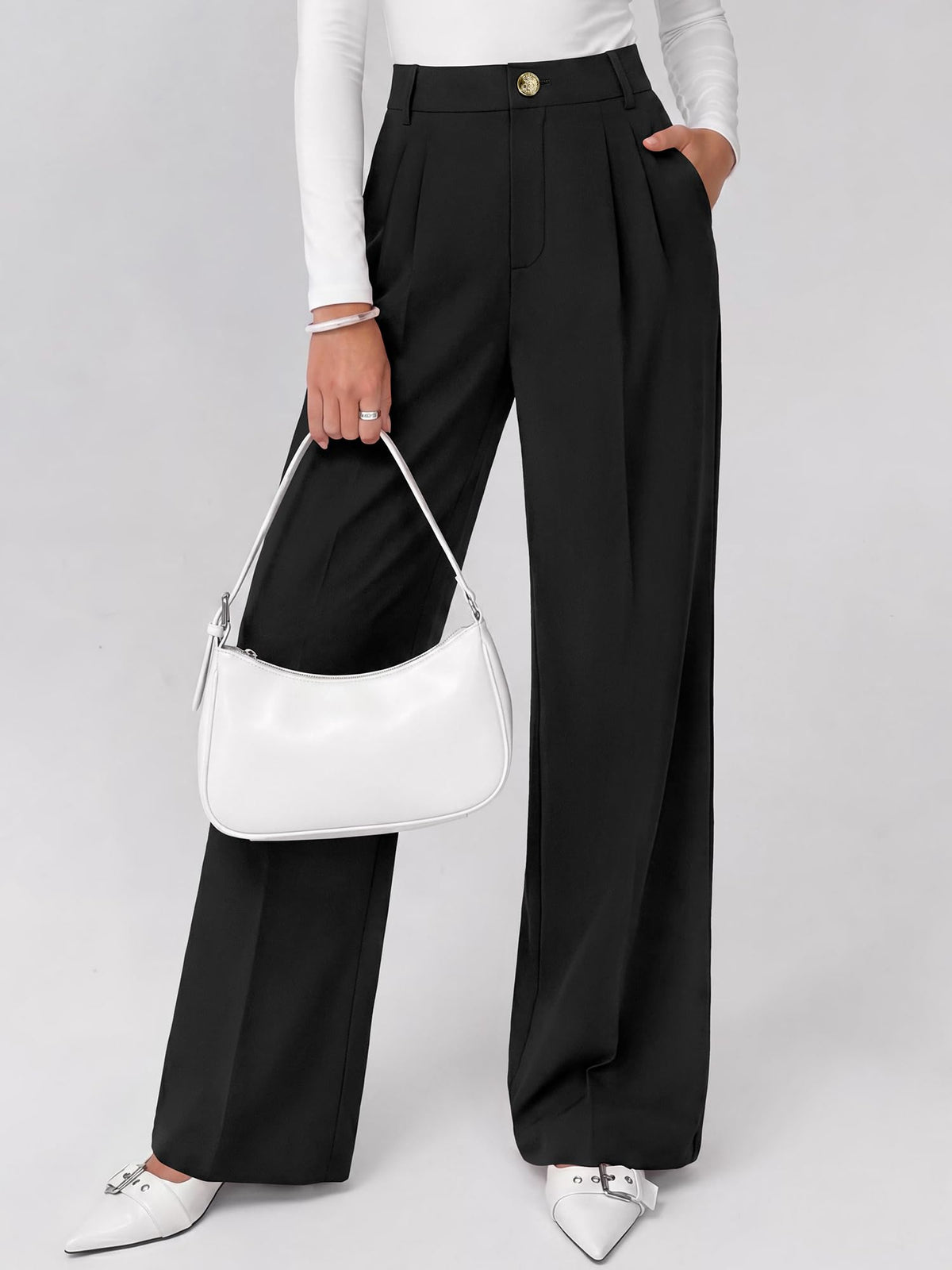 FreshPretty Fall Wide Leg Pants Woman Flowy High Waisted Slacks with Pockets, Comfy Palazzo, Business Casual Outfits, Work Clothes, Teacher Trousers Dressy, Zip Up, Button Closure, Elastic Back