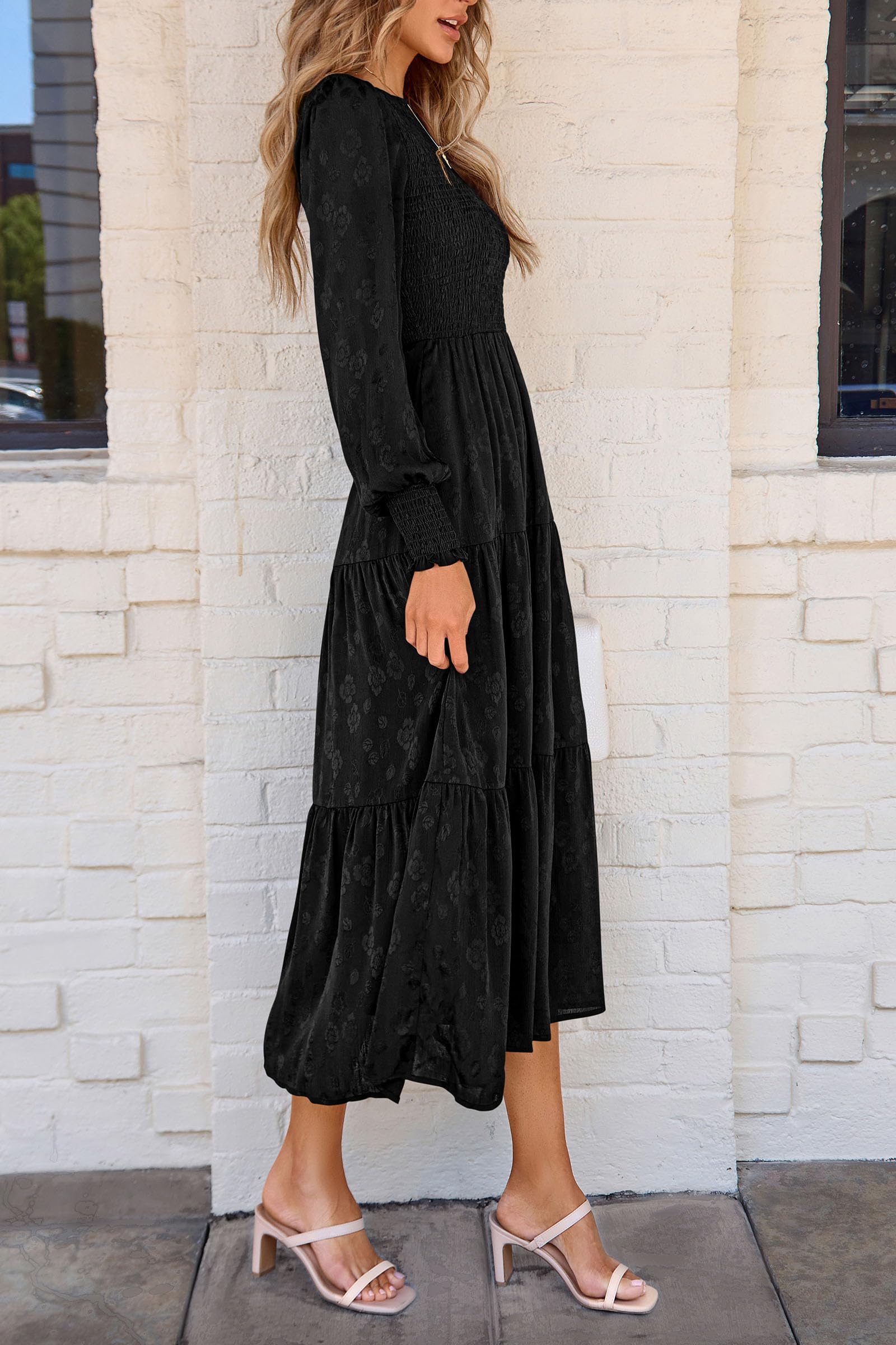 PRETTYGARDEN Women's Fall Spring Midi Dress Long Sleeve Floral Smocked Elegant Wedding Guest Long Flowy Dresses with Pockets