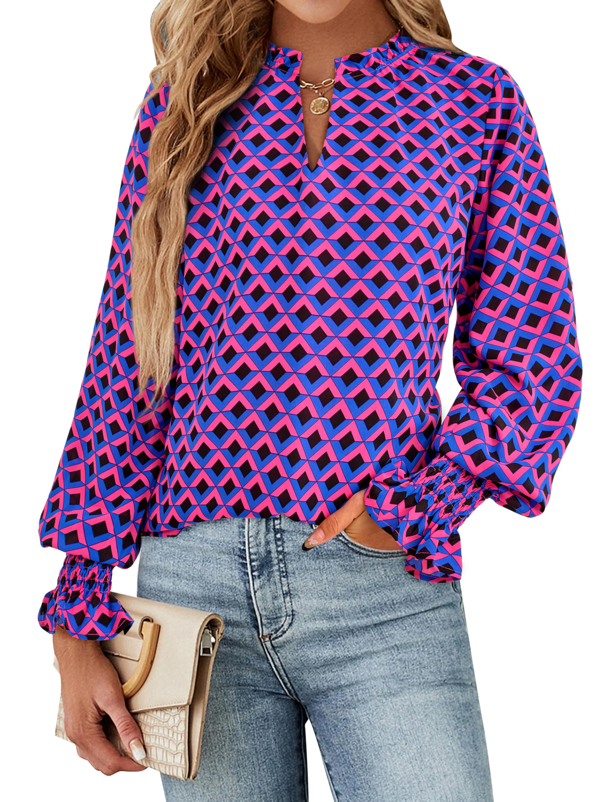 FreshPretty Womens V Neck Floral Long Sleeve Tops Summer Casual Loose Puff Sleeve Chiffon Boho Work Blouse Dressy T Shirts