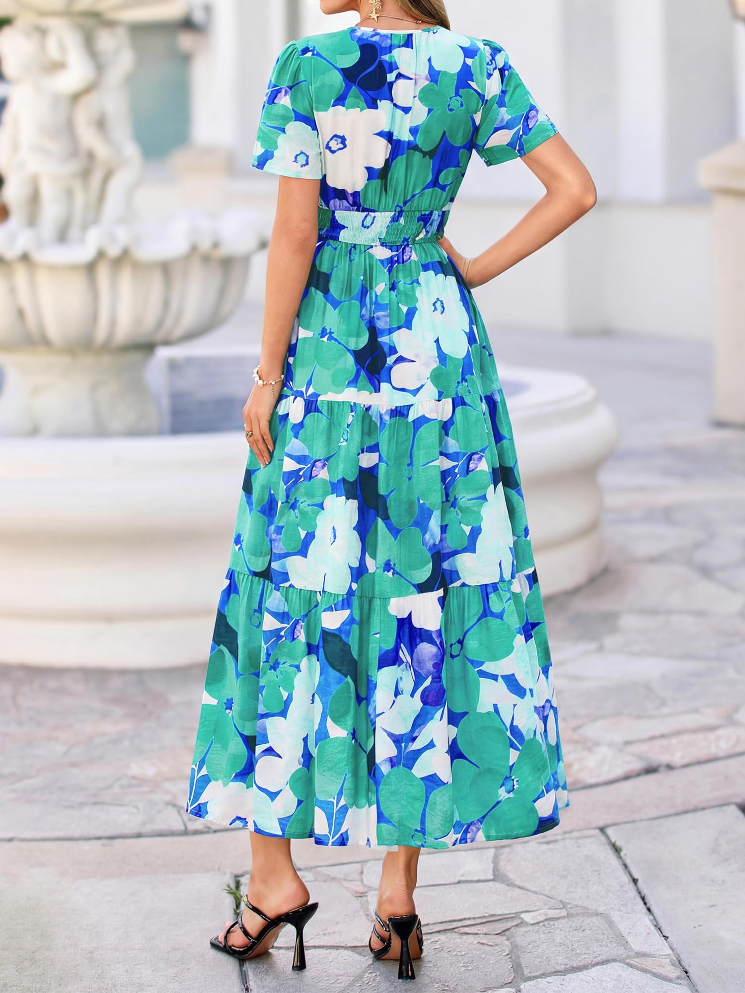 BTFBM Womens Summer Floral Maxi Dresses V Neck Short Sleeve Boho Casual Flowy Long Wedding Guest Dress Beach Vacation
