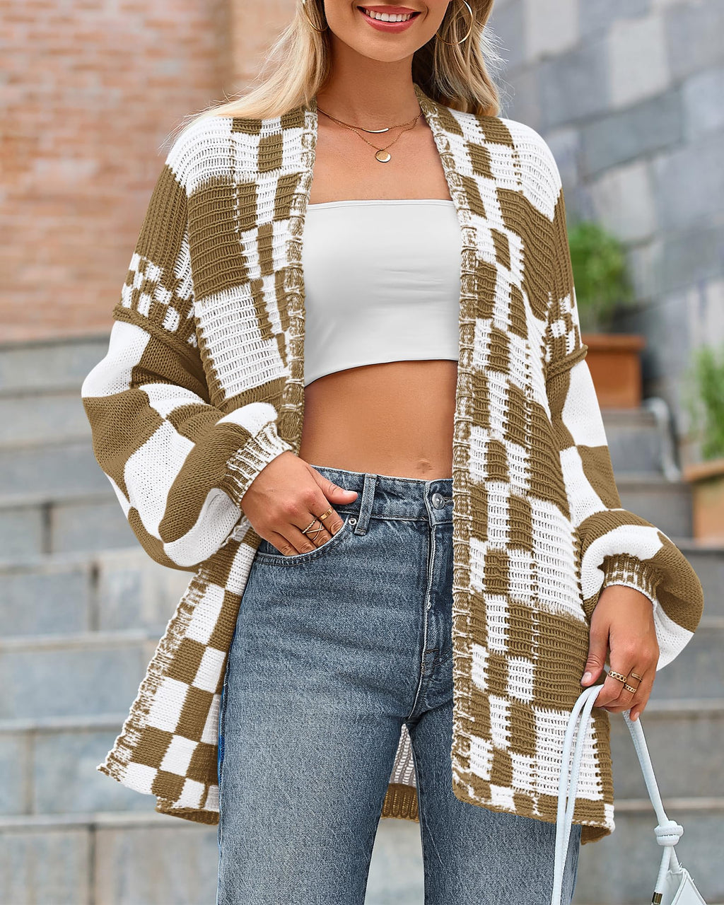 FreshPretty Casual Cardigan Sweater for Women Fall Long Sleeve Open Front Chunky Knit Sweaters Checkered Outwear Coat