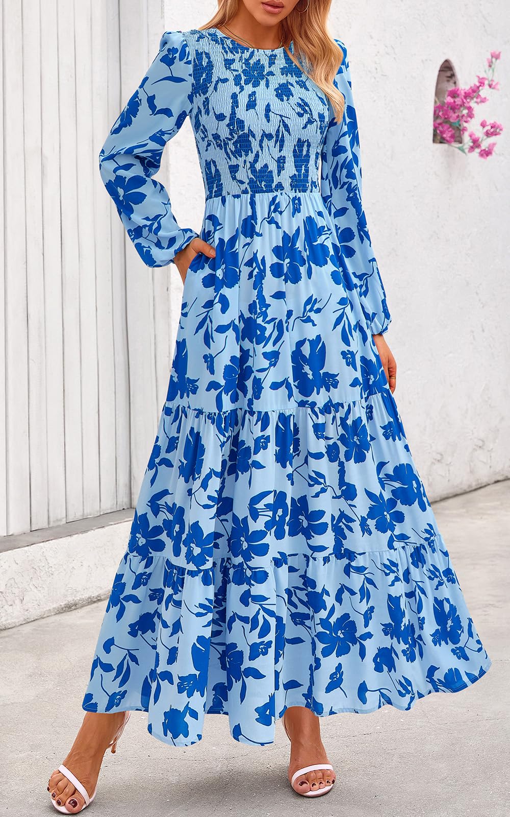 PRETTYGARDEN Women's Fall Dresses Long Sleeve Flowy Casual Floral Maxi Dress Crew Neck Smocked Tiered Long Dress