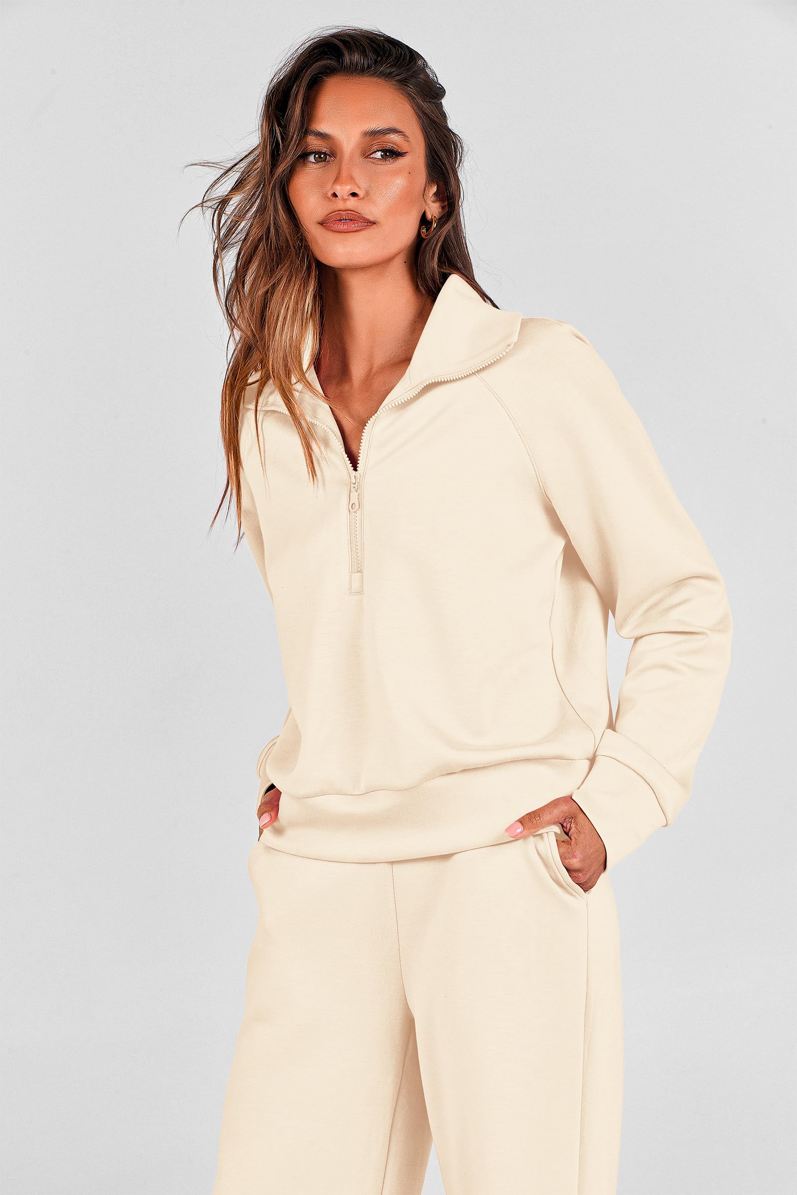 PRETTYGARDEN Women's 2 Piece Outfits Casual Lapel Half Zip Sweatshirts and Wide Leg Pants Tracksuit Sets