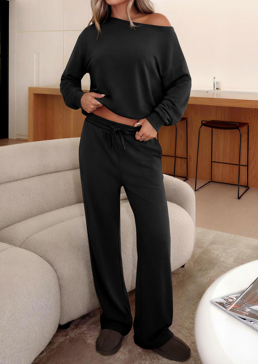 PRETTYGARDEN Womens 2 Piece Casual Matching Lounge Sets Fashion Off the Shoulder Sweatshirt, Wide Leg Pants with Pockets, Comfy Airport Travel Outfit,Trendy Fall Set