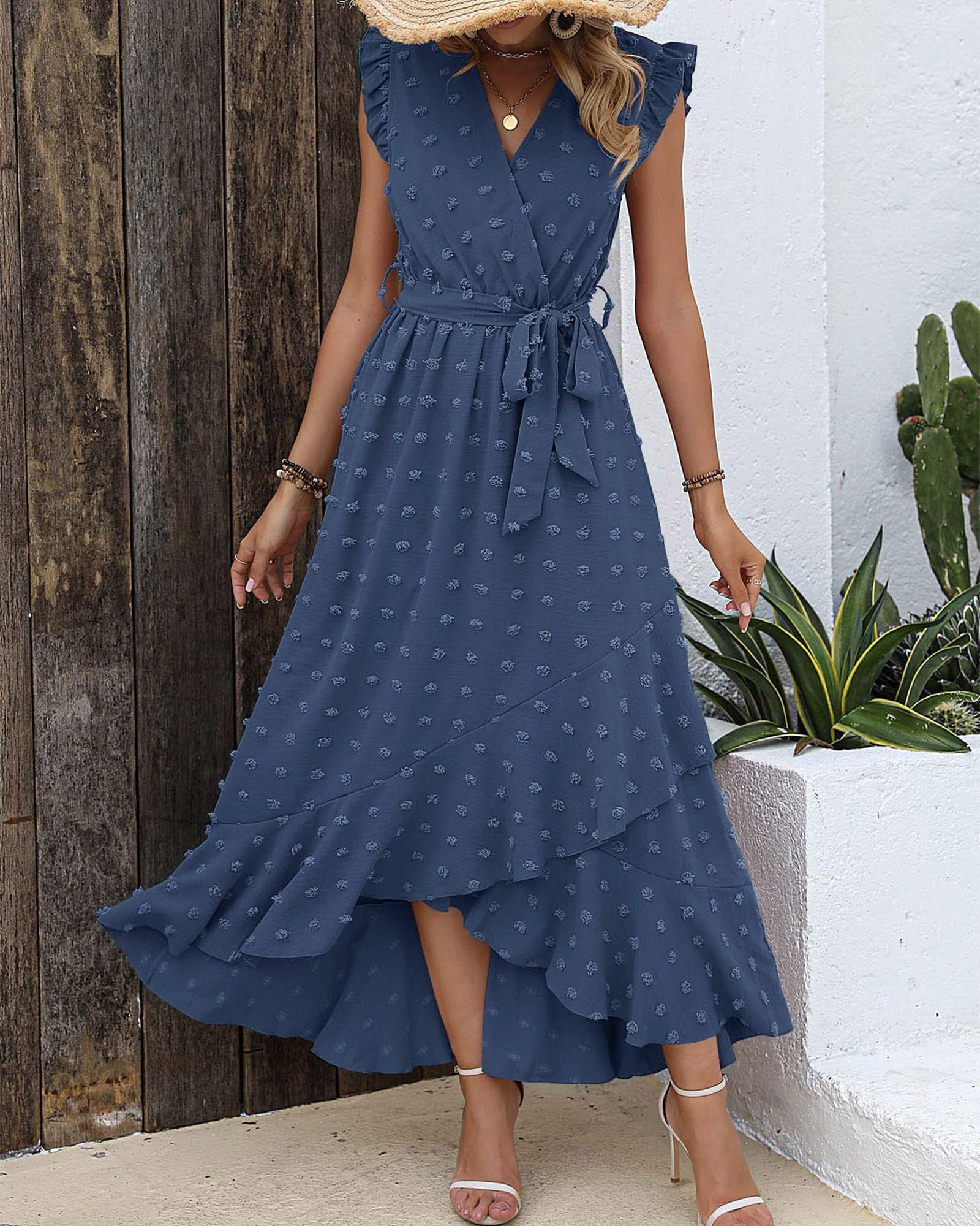FreshPretty Women V Neck Summer Dress Cap Sleeve Swiss Dot Boho Flowy Ruffle Slit Beach Party Long Maxi Cocktail Dresses