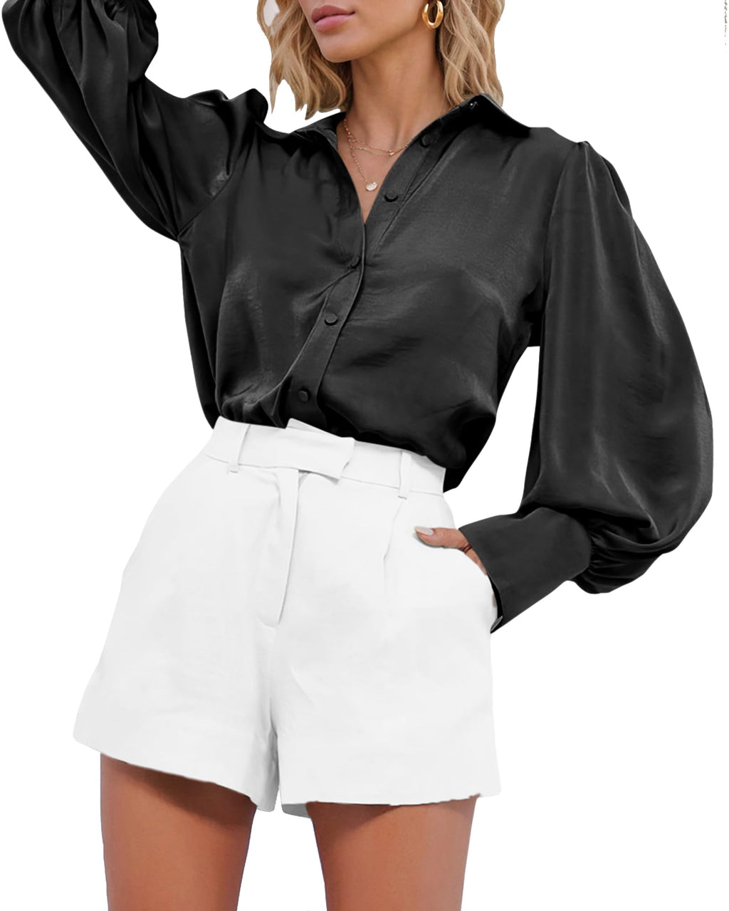 BTFBM Women Satin Blouses Summer Fall Clothes Button Down Lantern Long Sleeve Shirts Work Business Casual Dressy Tops