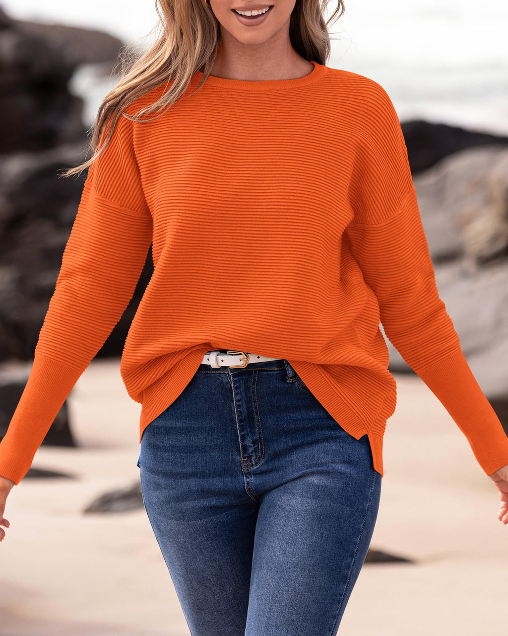 FreshPrettyFall Sweaters for Women Casual Long Sleeve Sweater Striped Loose Fit Pullover Tops