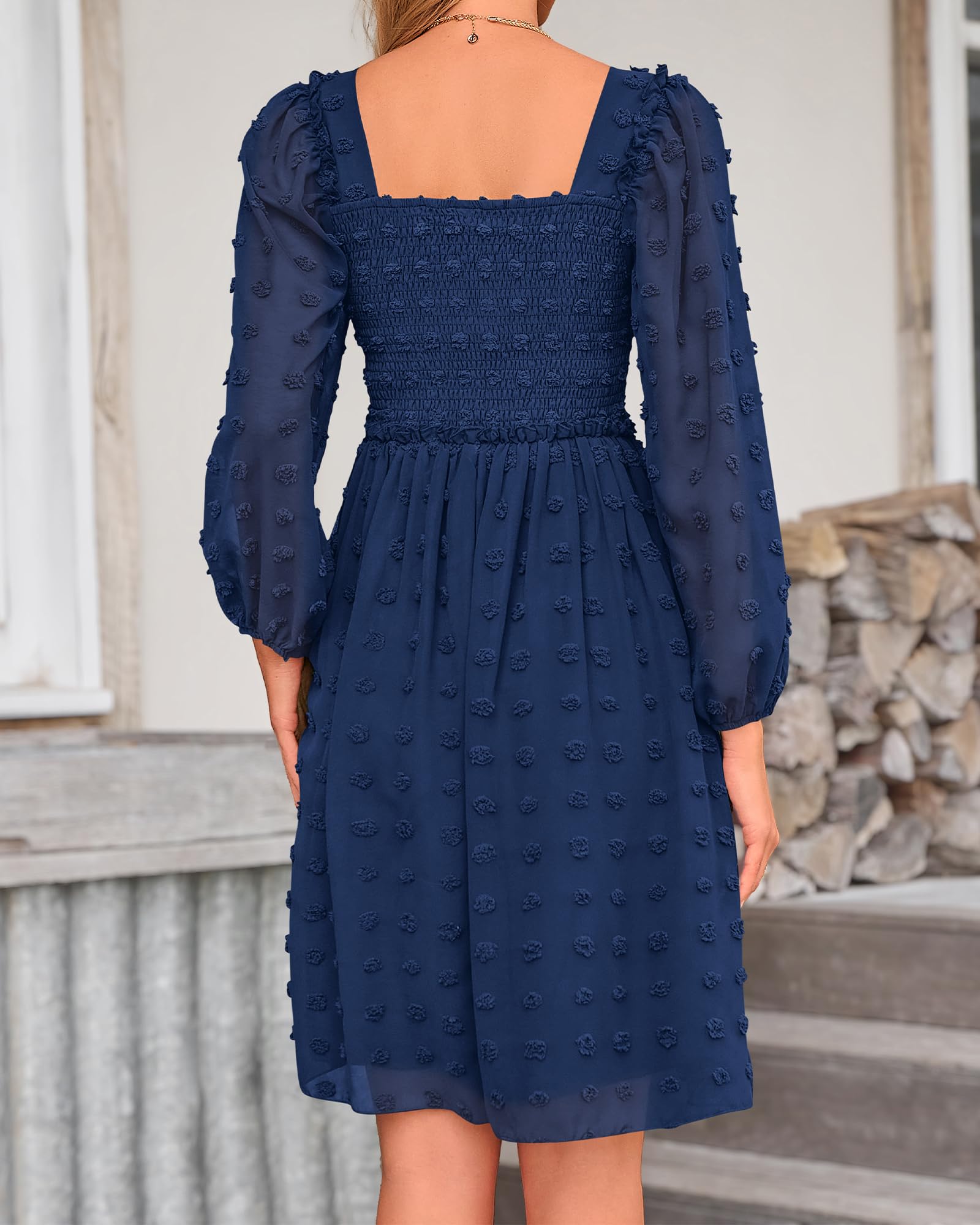 BTFBM Womens Long Sleeve Dress Summer Vacation Square Neck Smocked Floral Mini Boho Spring Wedding Guest Dresses