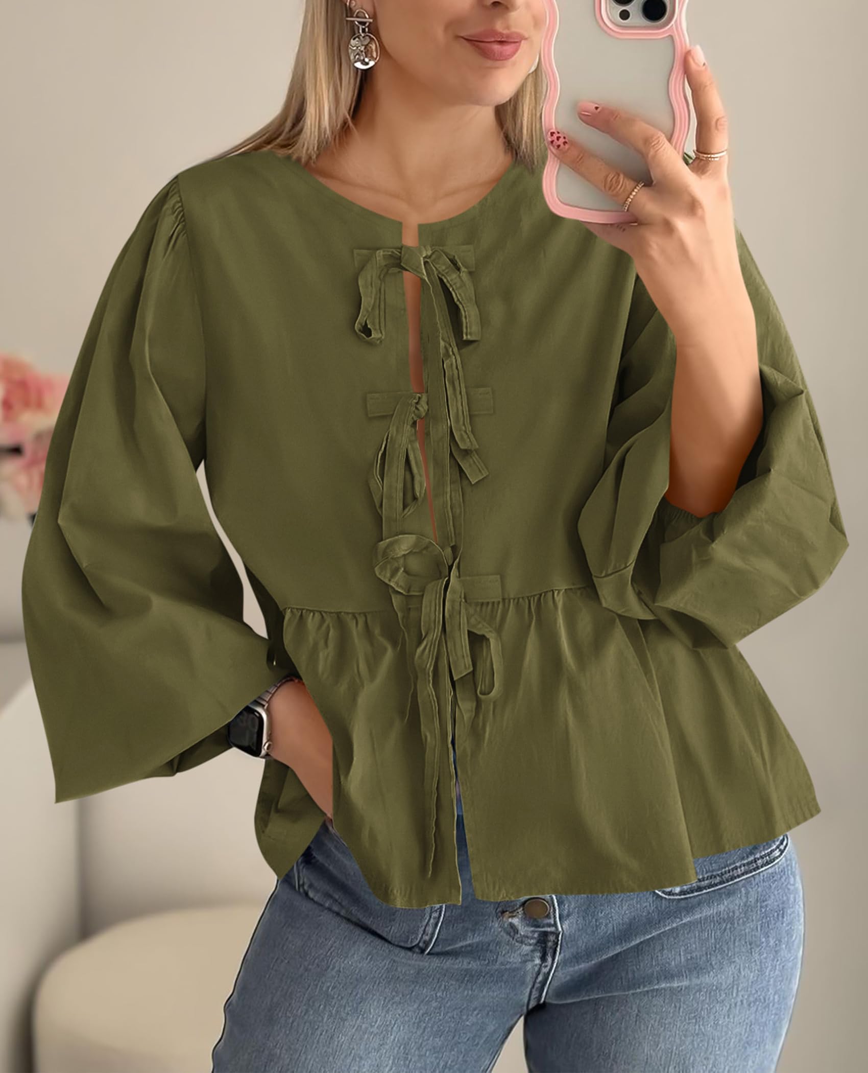 PRETTYGARDEN Women's Spring Fall Babydoll Peplum Blouse Shirt Puff Long Sleeve Bow Tie Front Trendy Cute Y2K Going Out Tops