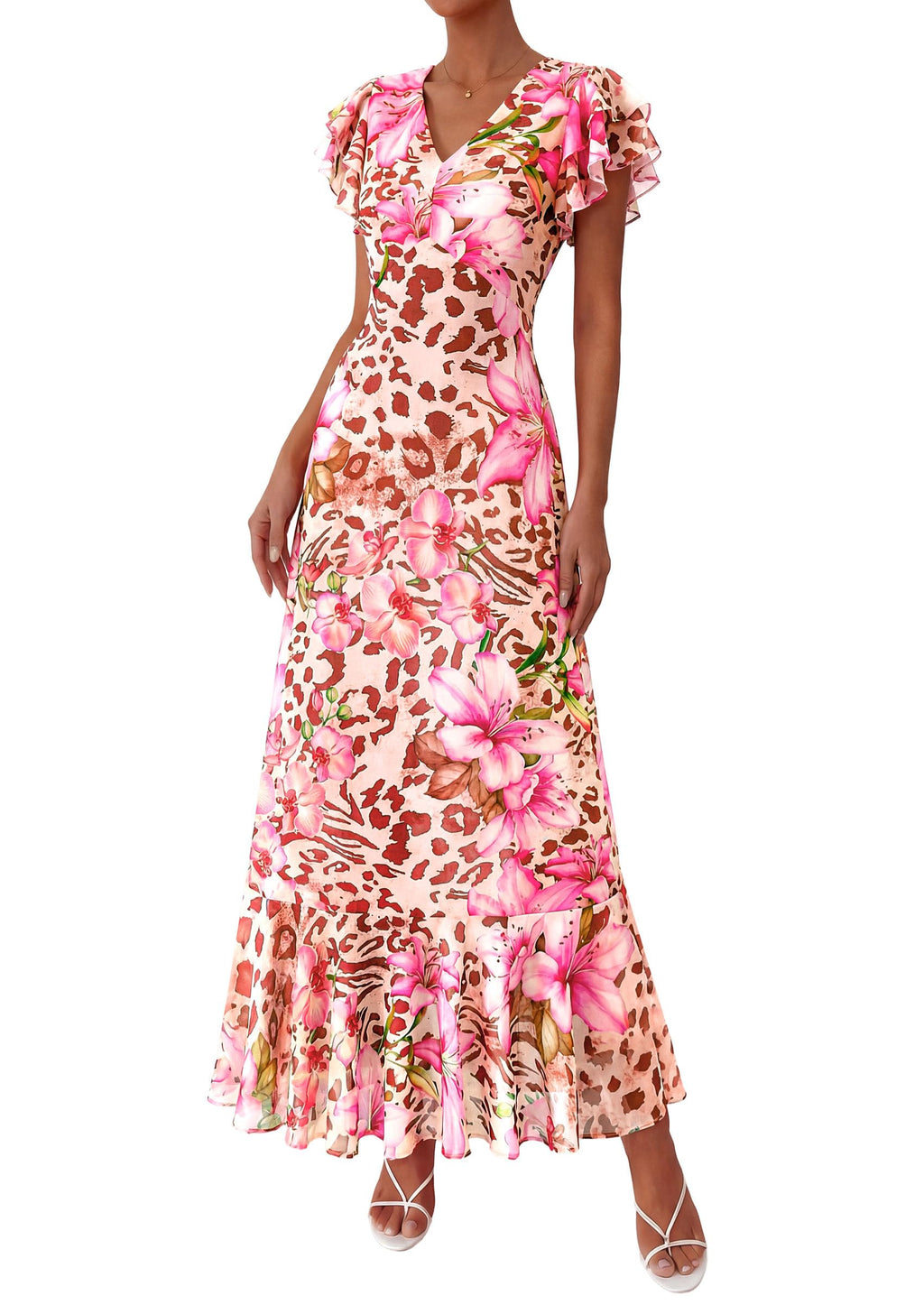 PRETTYGARDEN Womens Summer Floral Maxi Dresses Spring Short Sleeve Ruffle V Neck Flowy Boho Long Beach Vacation Sundress