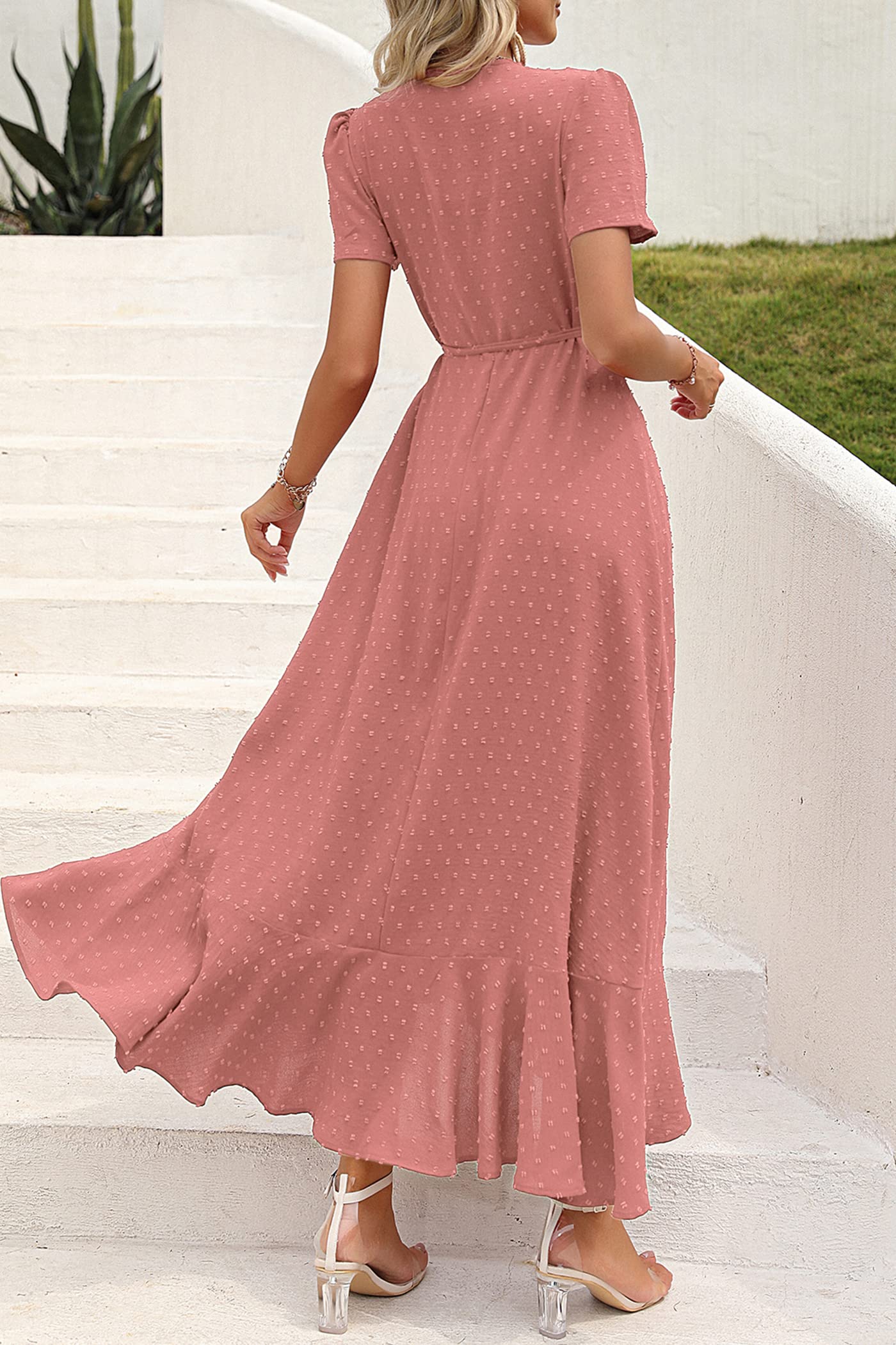 PRETTYGARDEN Women's Boho Floral Maxi Dress Summer Short Sleeve Wrap V Neck Long Flowy Beach Vacation Wedding Guest Dresses