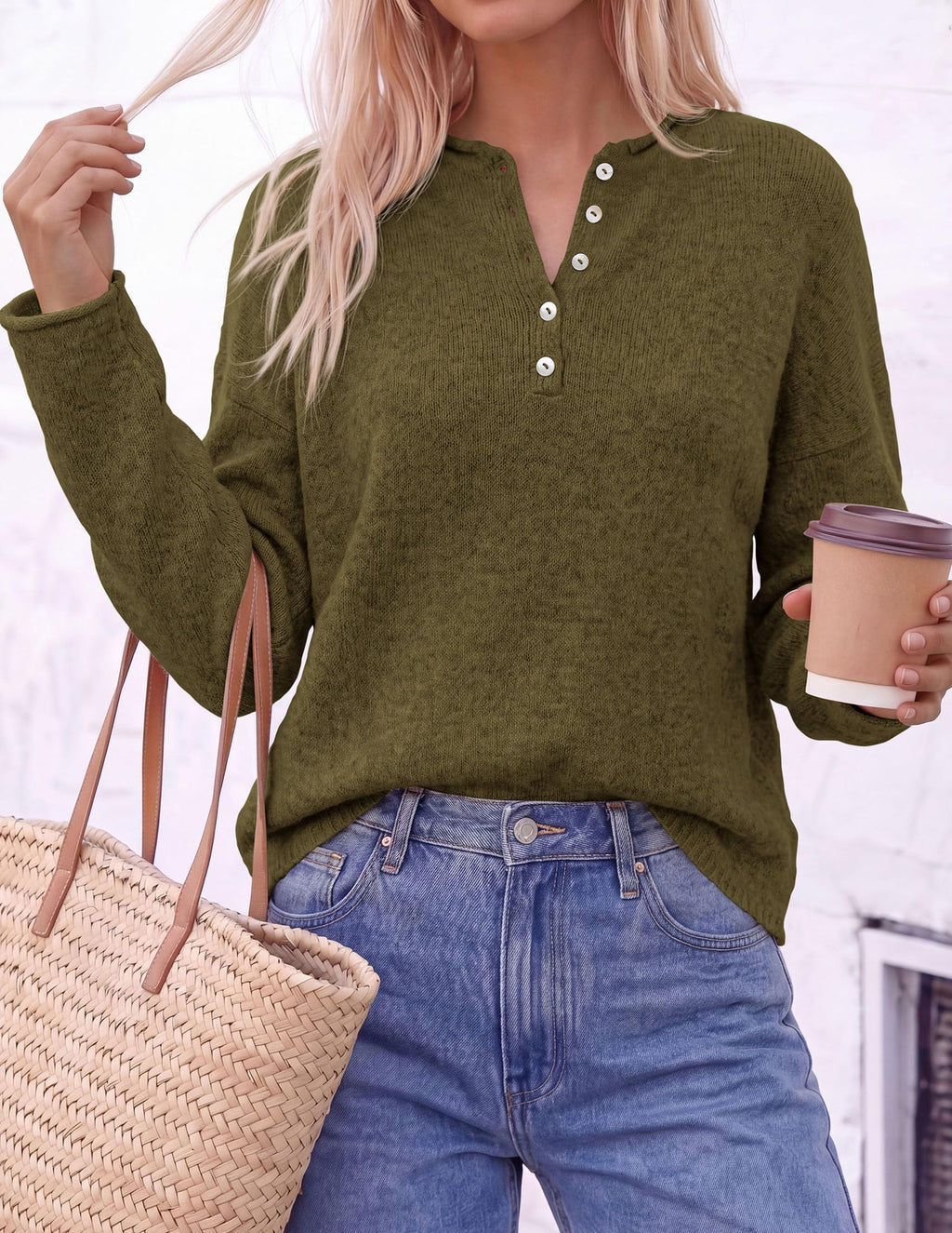 PRETTYGARDEN Women's Fall Button Up Cozy Pullover Sweaters | Stretchy Soft Knit, Drop Shoulder Long Sleeve Tops, Henley Crewneck Rolled Edge, Dressy Casual Blouses, Trendy Winter Clothes