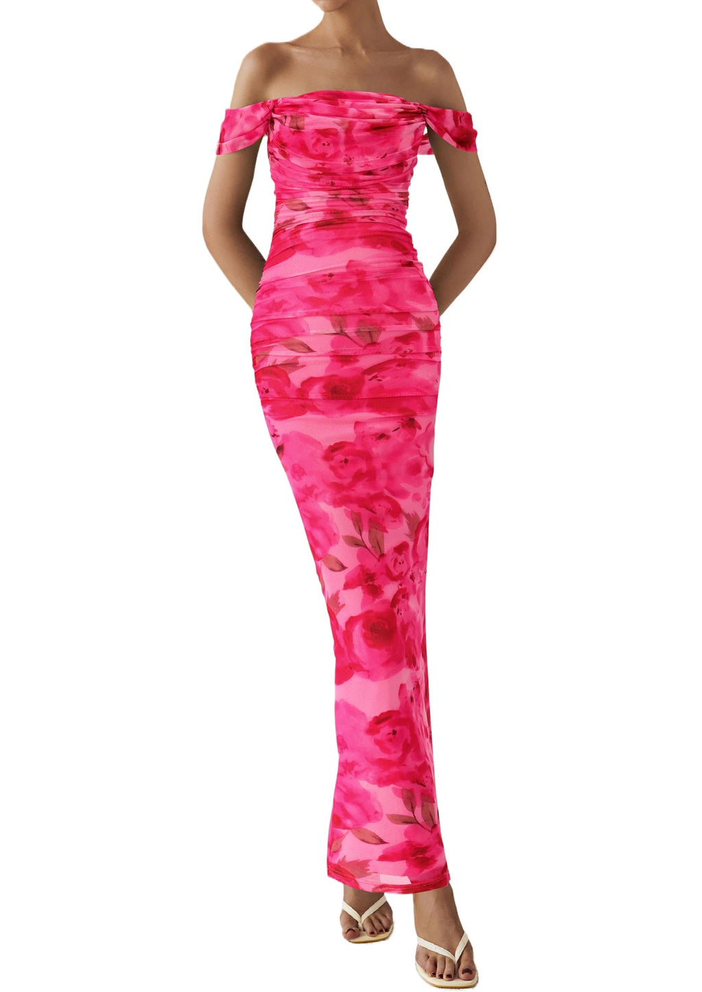 PRETTYGARDEN Cocktail Dresses for Women Summer Floral Off Shoulder Ruched Mesh Elegant Wedding Guest Maxi Dress