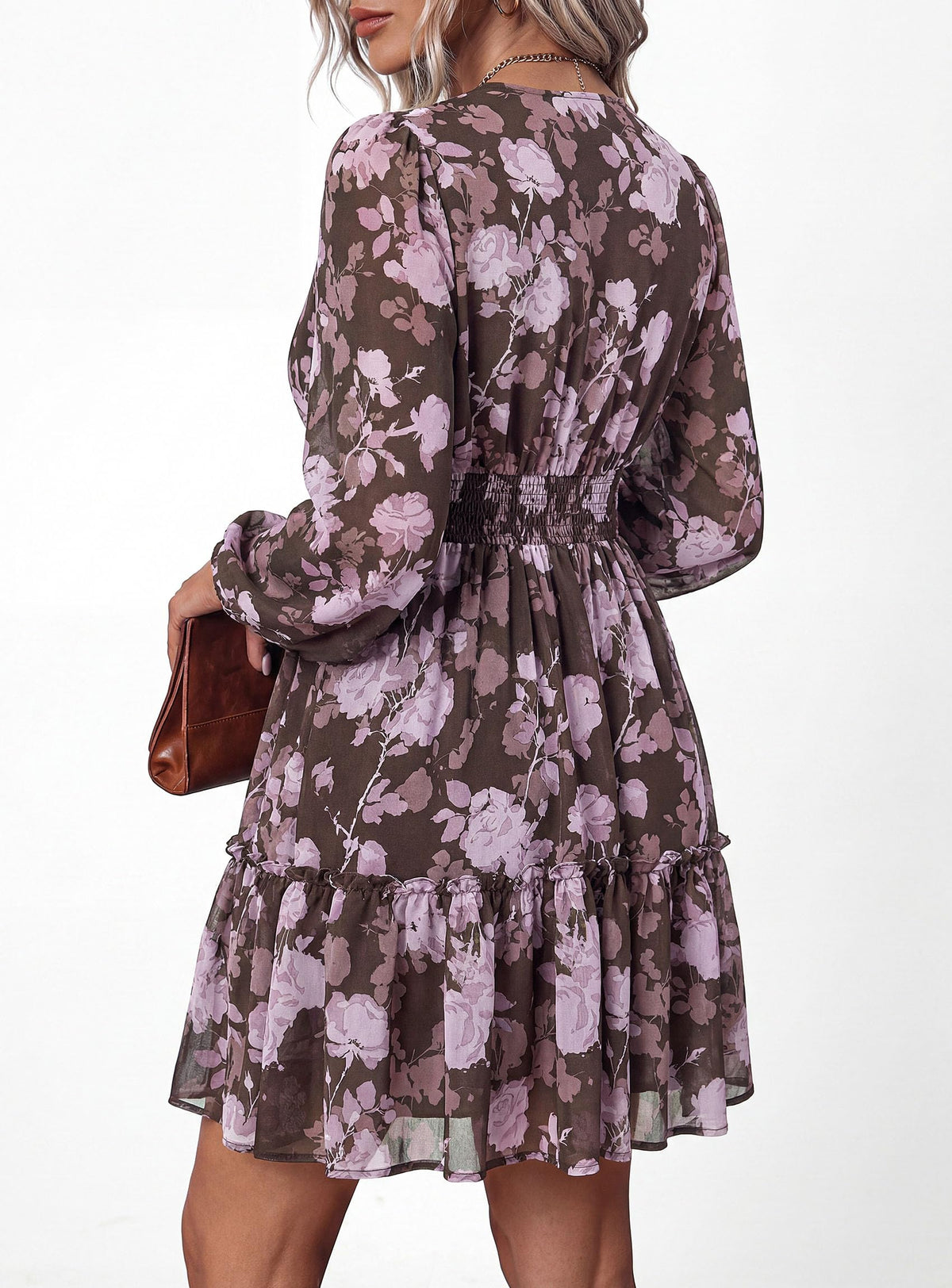 PRETTYGARDEN Women Floral Long Sleeve Mini Dress | Fall Wedding Guest Dresses, V Neck, Fit & Flare, Ruffle Hem A-Line, Short Chiffon Dress, Elegant Holiday Party, Date Outfits
