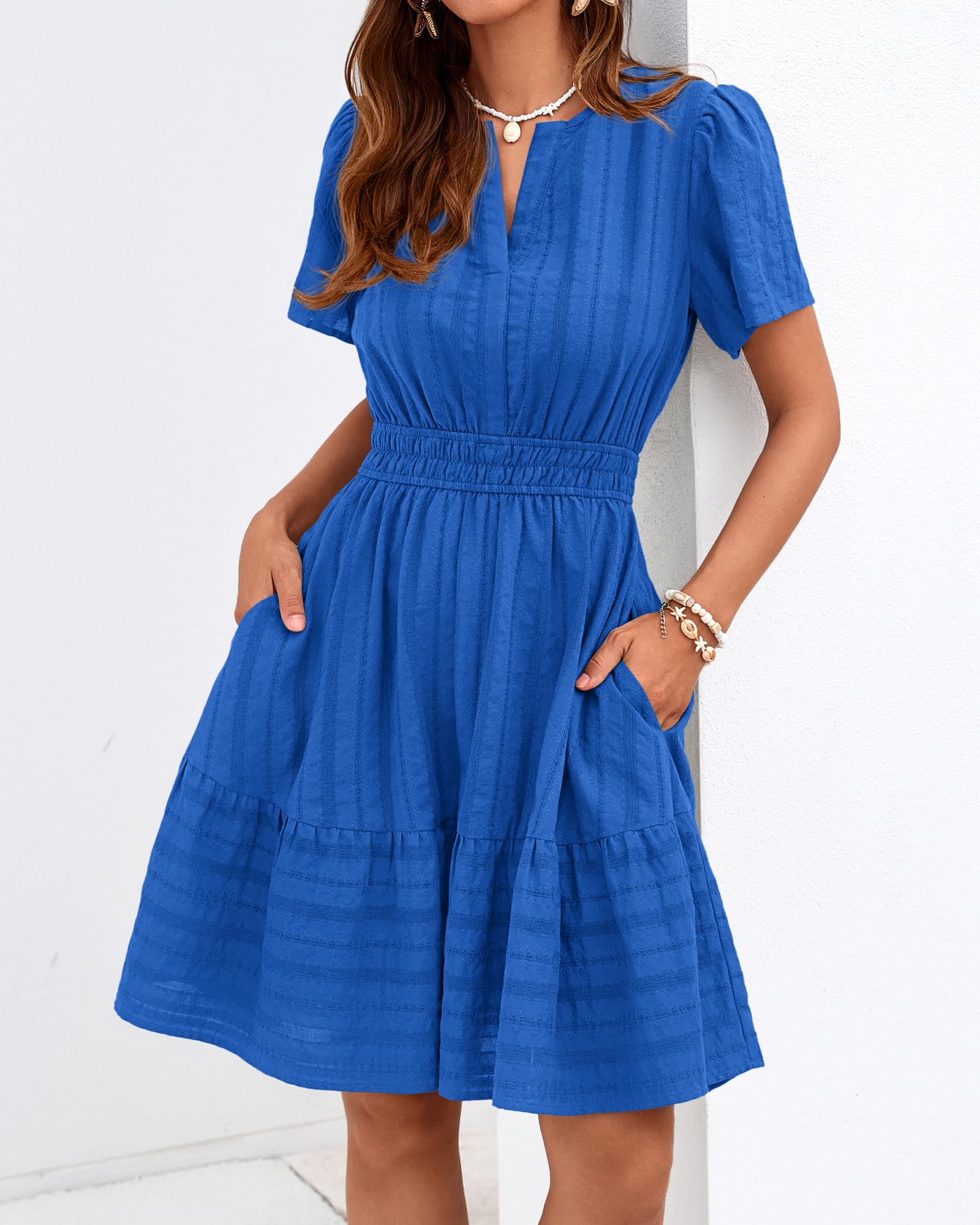 BTFBM Womens Spring  Casual Mini Dresses Lightweight Short Sleeve V Neck Elastic Waist Cute Boho Beach Dress Pockets