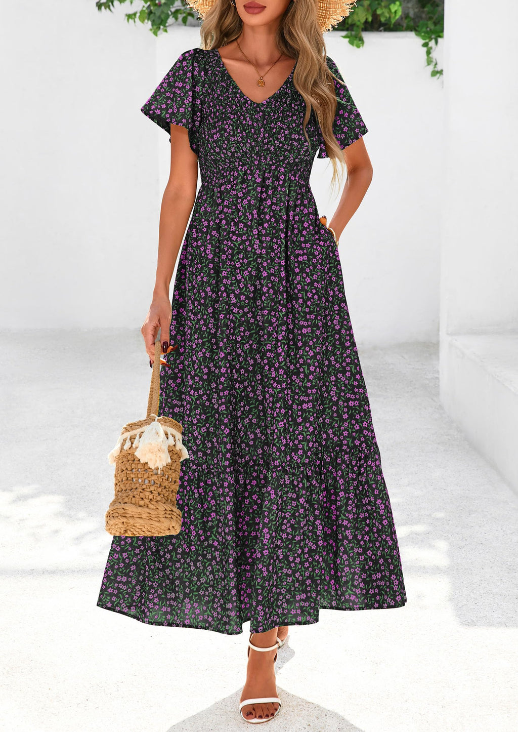 PRETTYGARDEN Boho Dresses for Women Summer Floral Short Sleeve V Neck Smocked Flowy Beach Vacation Maxi Dress