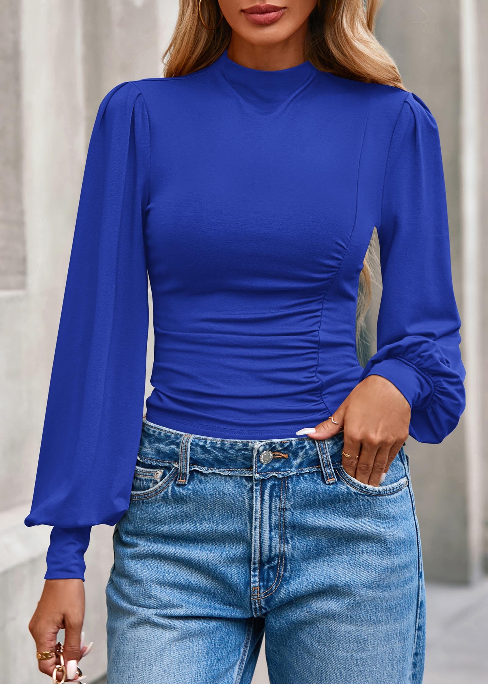 FreshPretty Blouses for Women Dressy Casual Spring Tops Fall Puff Long Sleeve Shirts Fitted Mock Neck Ruched Trendy Tops