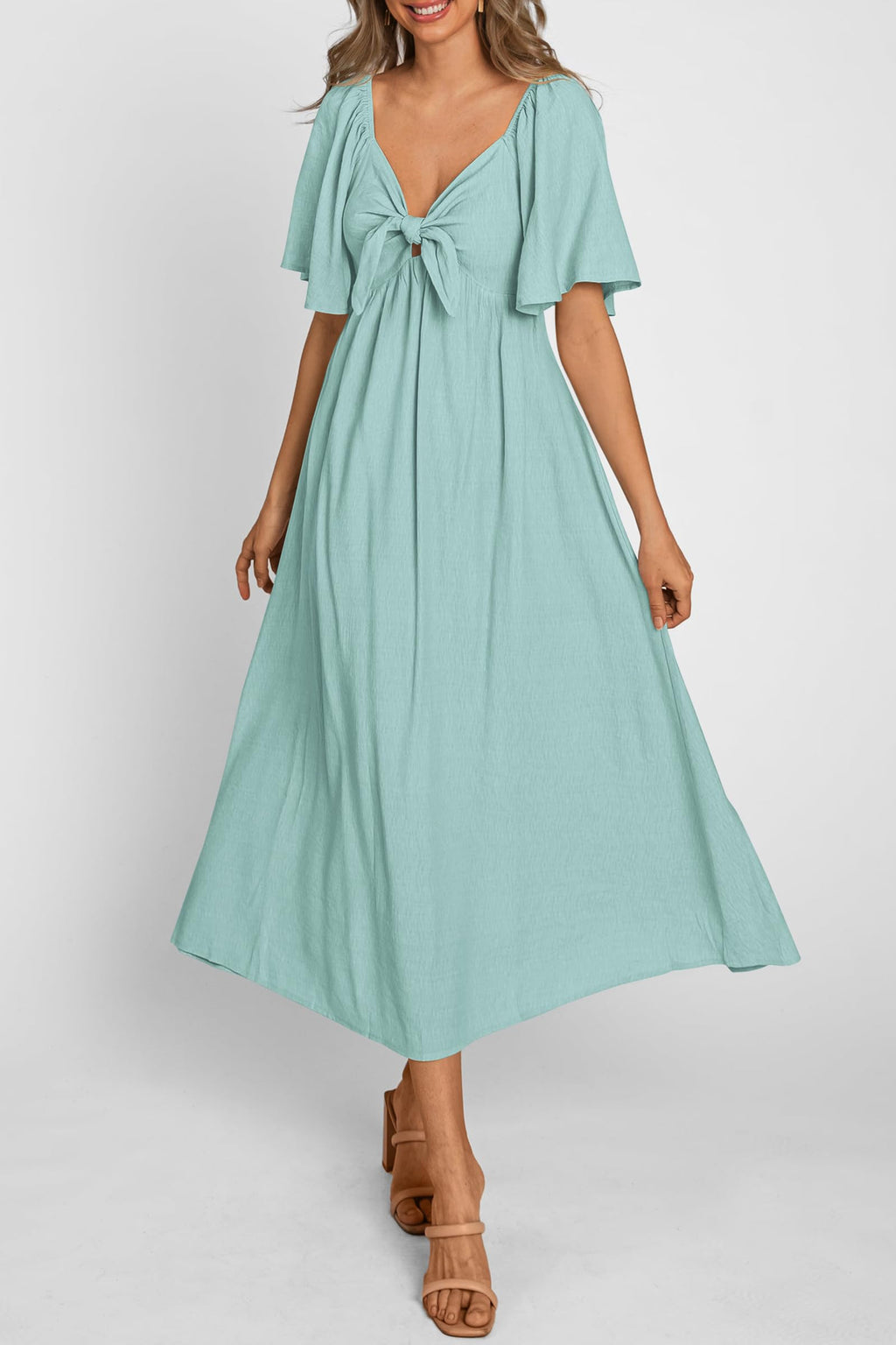 PRETTYGARDEN Summer Dress for Women Casual Short Sleeve Bow Tie V Neck Ruffle Midi Flowy Dresses