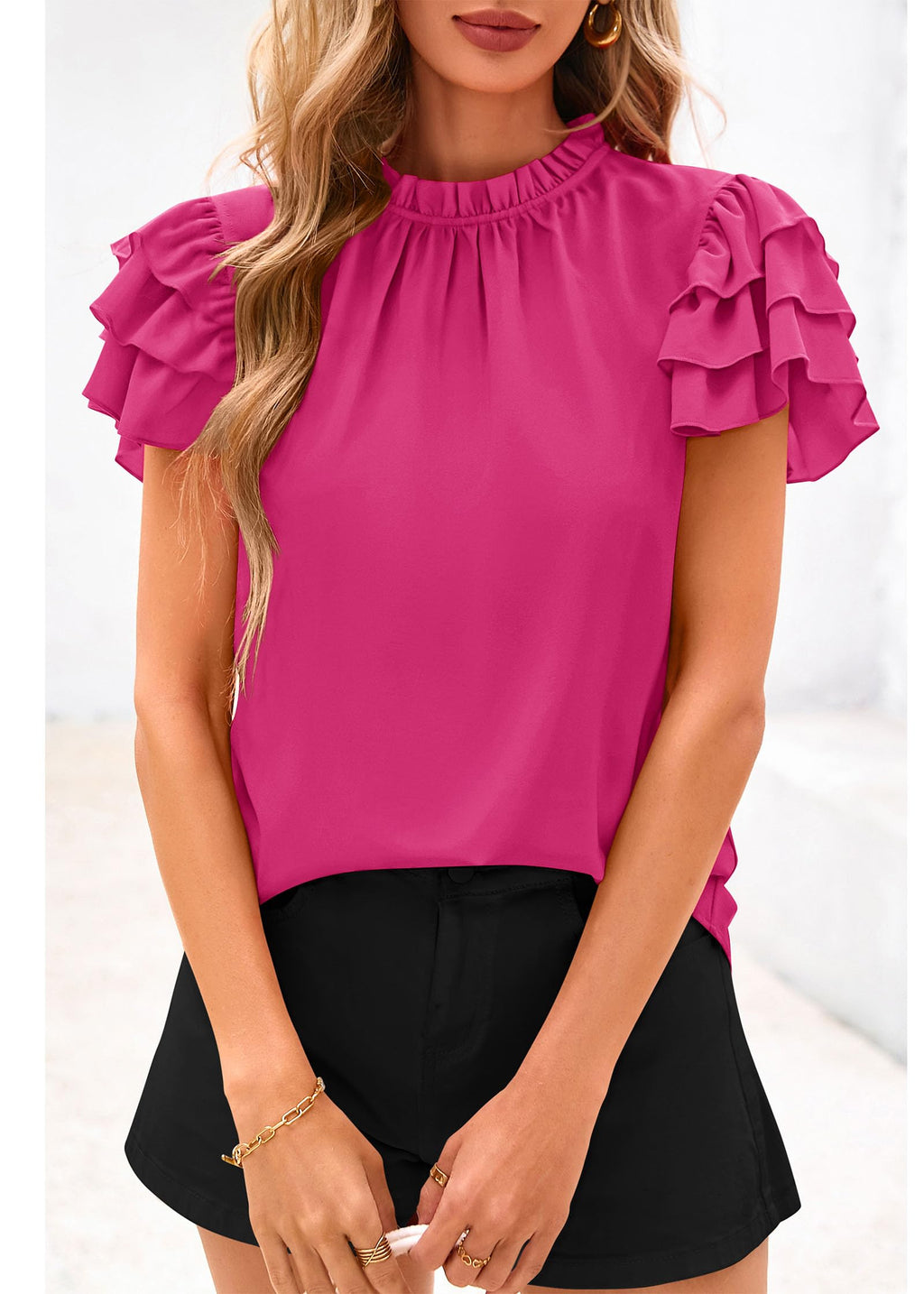 FreshPretty Blouses for Women Dressy Casual Spring Summer Ruffle Short Sleeve Mock Neck Work Shirts Tops Fashion Clothing