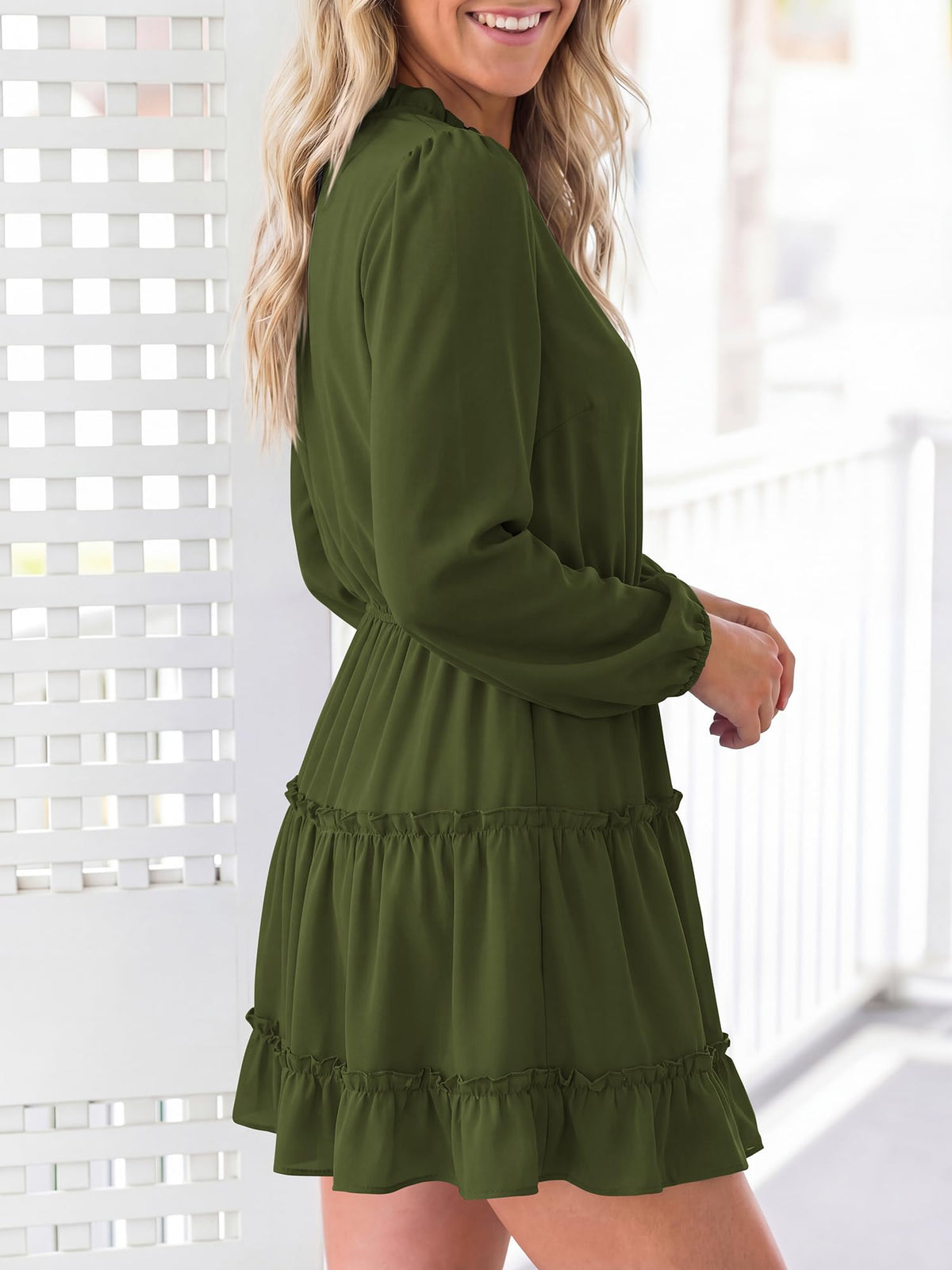 BTFBM Long Sleeve Summer Dresses for Women Casual Tie Neck Ruffle Tiered A Line Mini Spring Wedding Guest Dress