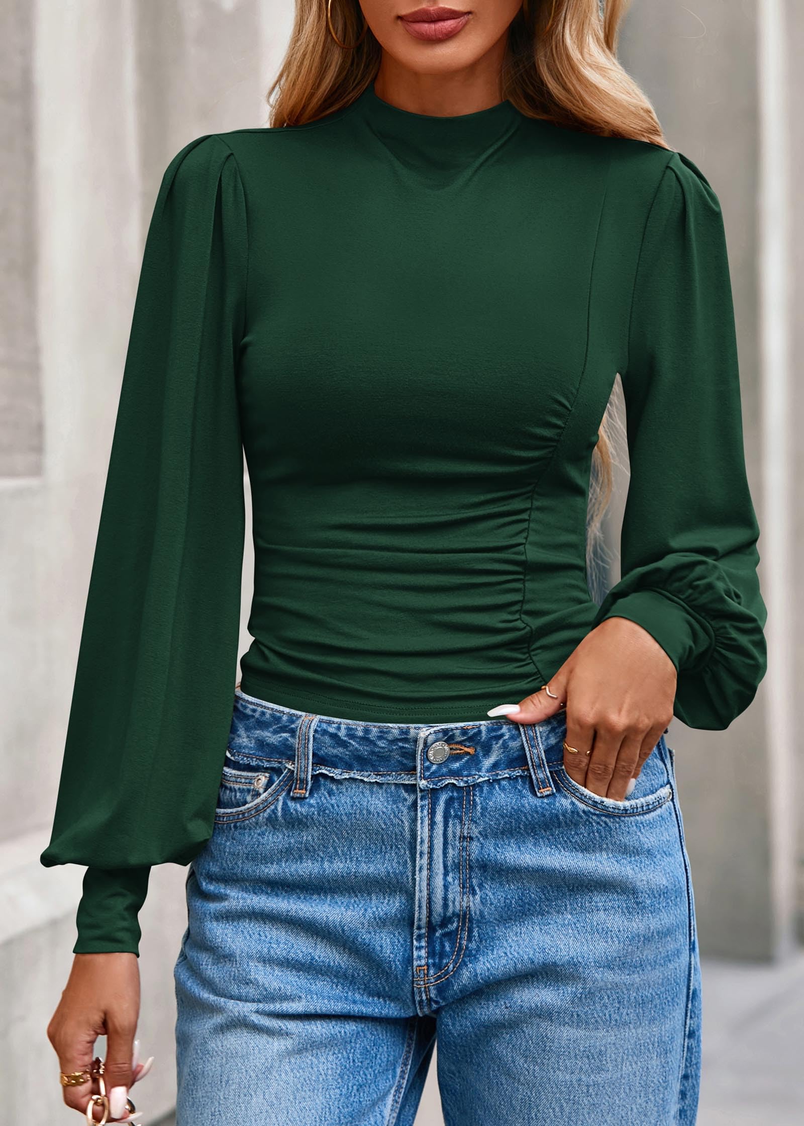 FreshPretty Blouses for Women Dressy Casual Spring Tops Fall Puff Long Sleeve Shirts Fitted Mock Neck Ruched Trendy Tops