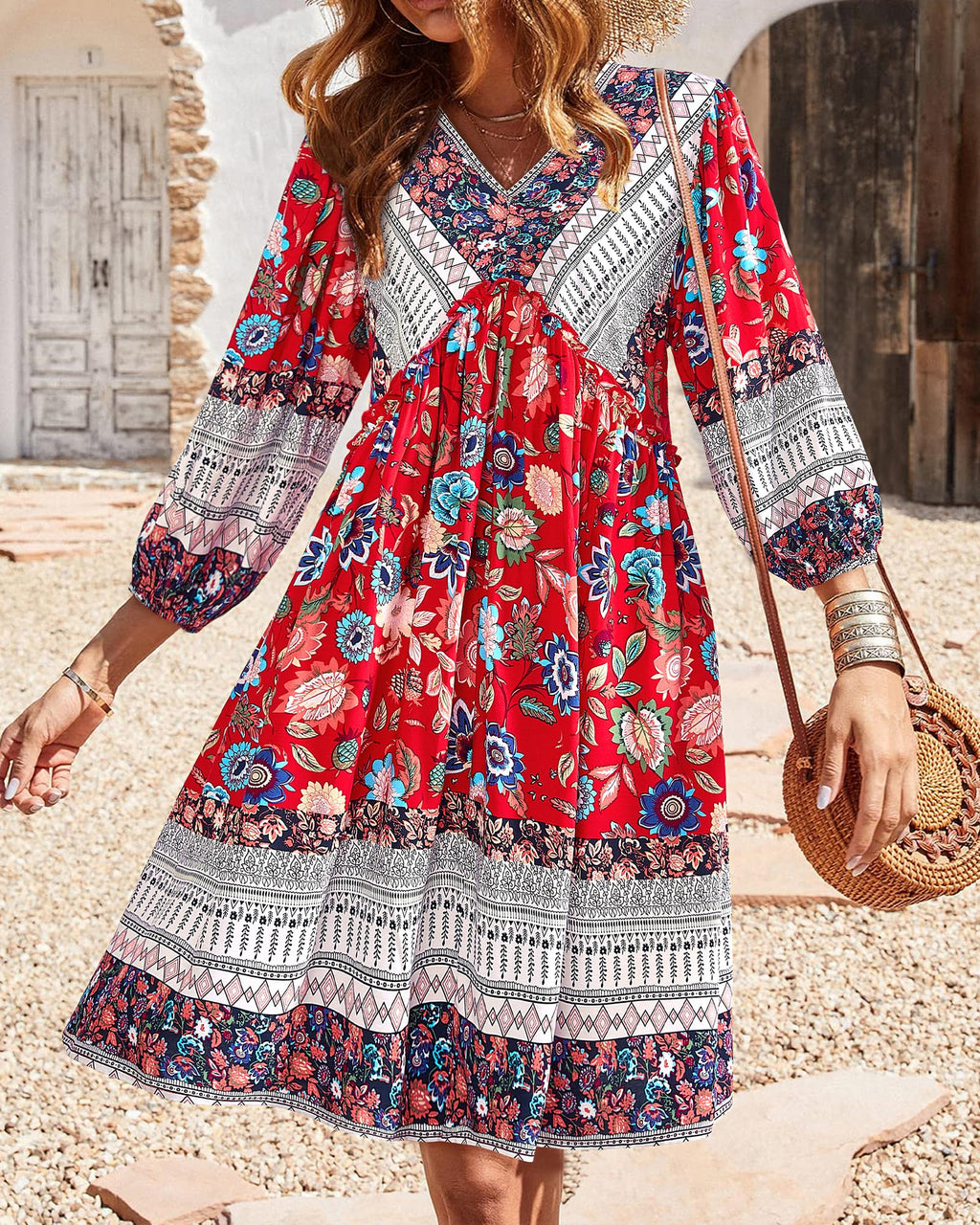 BTFBM Women Casual Spring Summer Dresses V Neck 3/4 Long Sleeve Ruffle Floral Flowy Boho Babydoll Mini Short Beach Dress