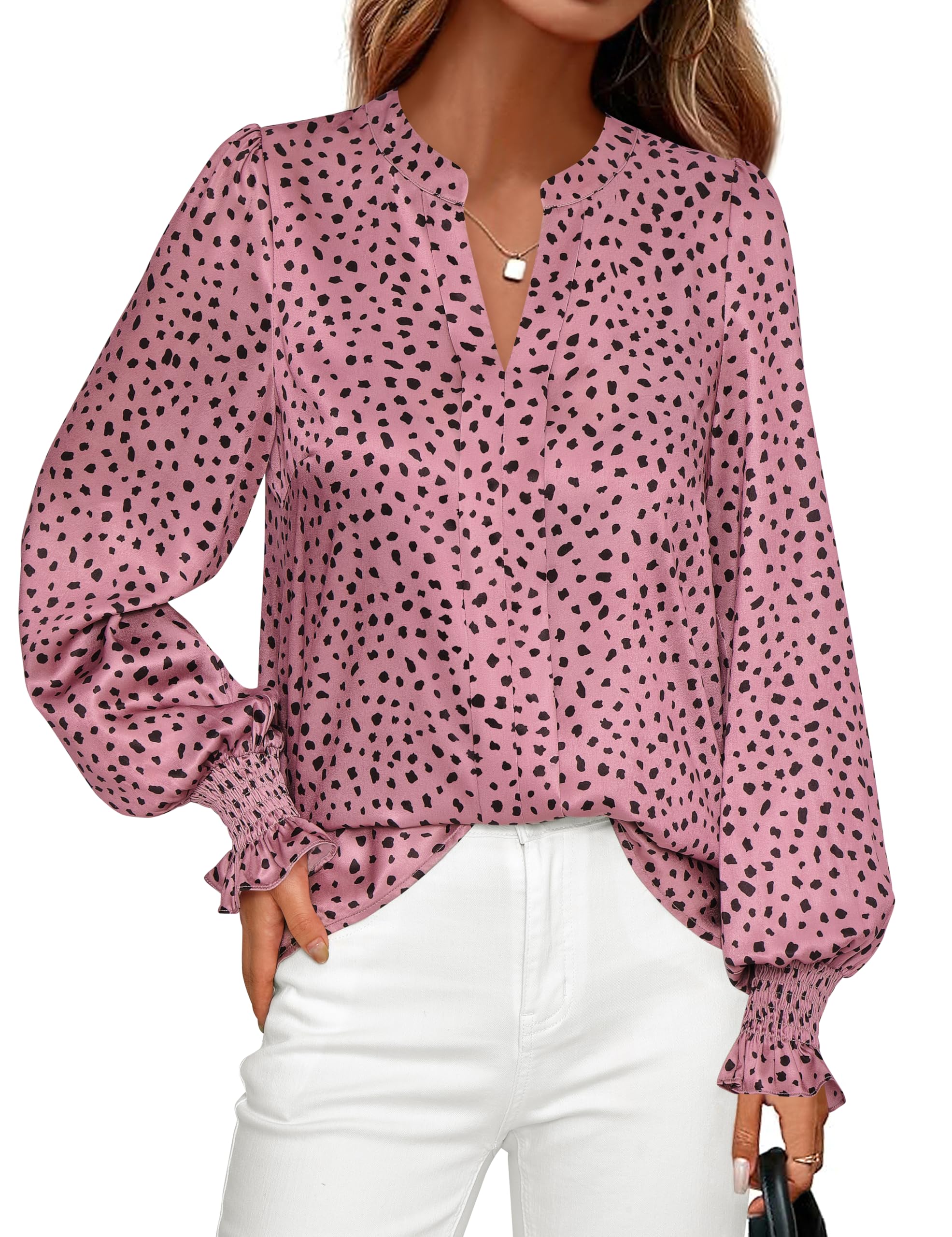 FreshPretty Womens Boho Floral Long Sleeve Tops Fall Fashion V Neck Loose Chiffon Work Blouses Dressy Casual Ruffle Shirts