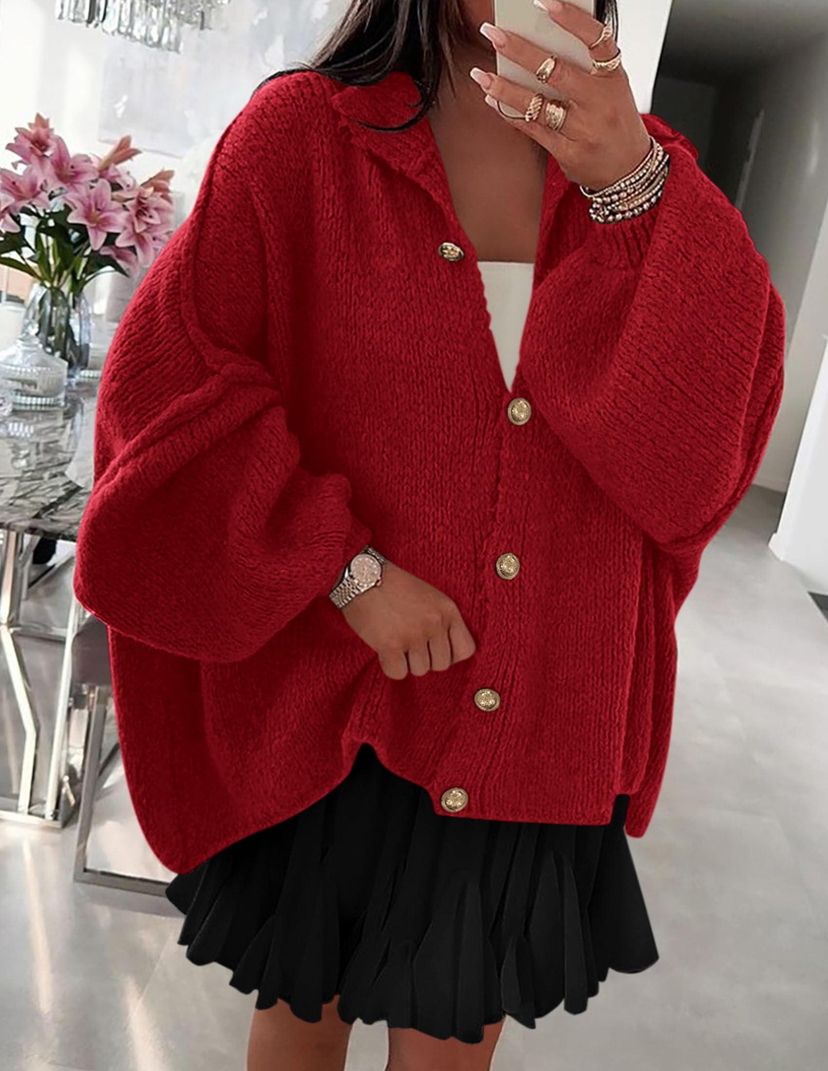 PRETTYGARDEN Women's Winter Button Down Cardigan Sweaters Mock Neck Lantern Long Sleeve Chunky Knit Jacket Trendy Outerwear