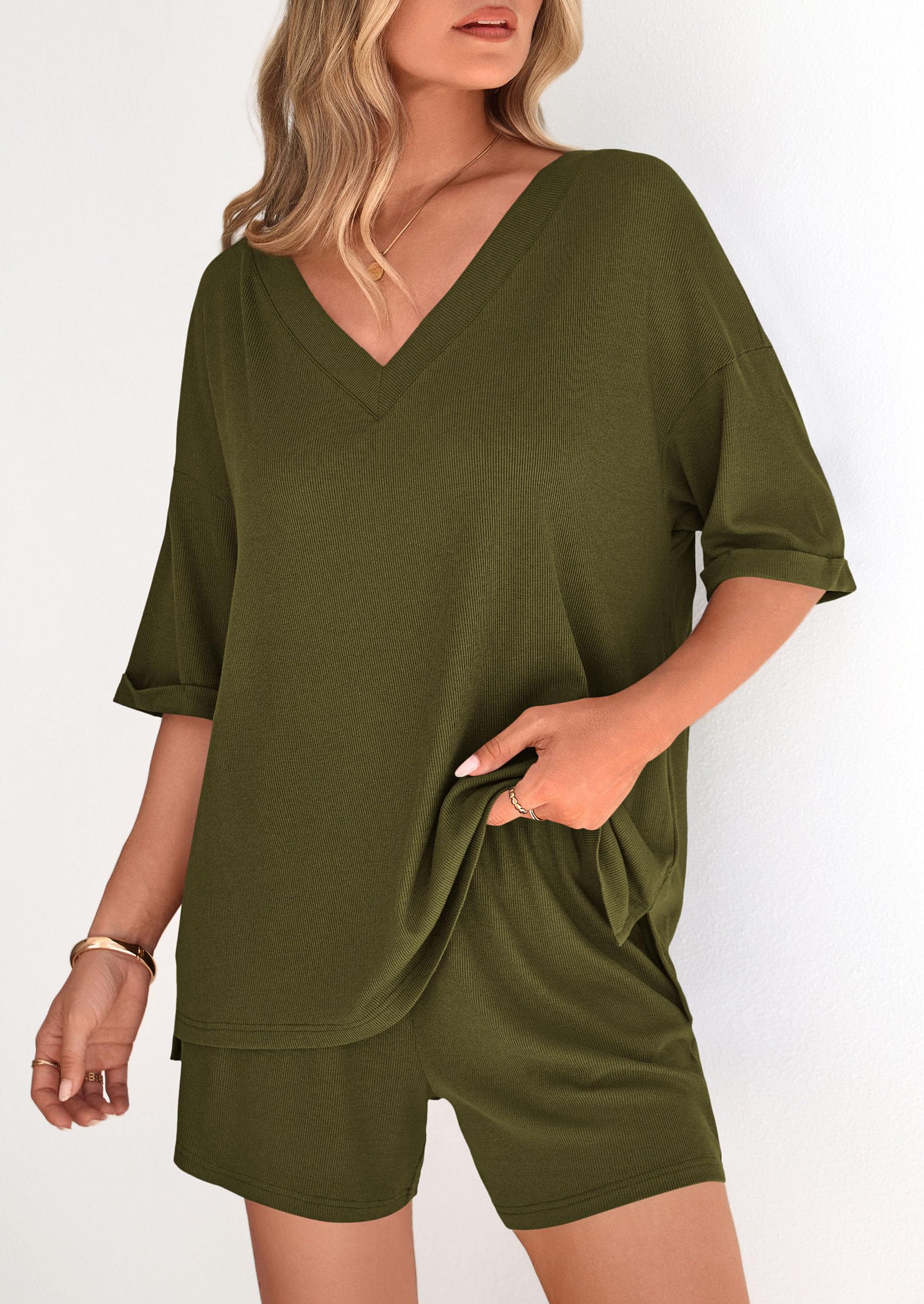 PRETTYGARDEN Womens 2 Piece Sets Summer Oversized Vneck Half Sleeve Tops Shorts Lounge Set Casual Travel Airport Outfits