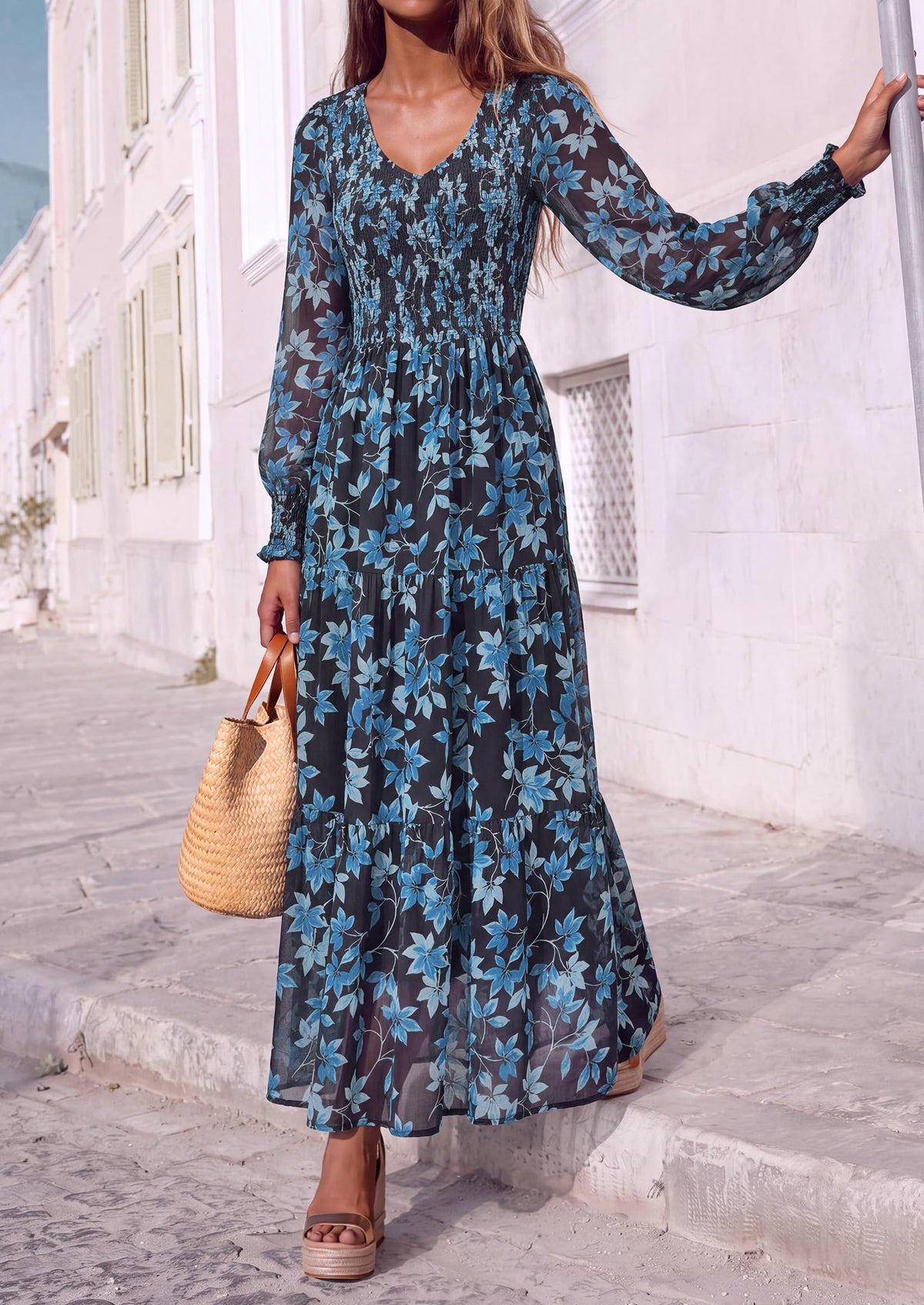 FreshPretty Womens Flroal Long Sleeve Dress Boho A Line Fall Maxi Dresses,Sheer Lantern Sleeve, Lined & Pockets, Smocked Front Back, High Waisted Flowy Long Dress, Tiered Fall Wedding Guest Dresses