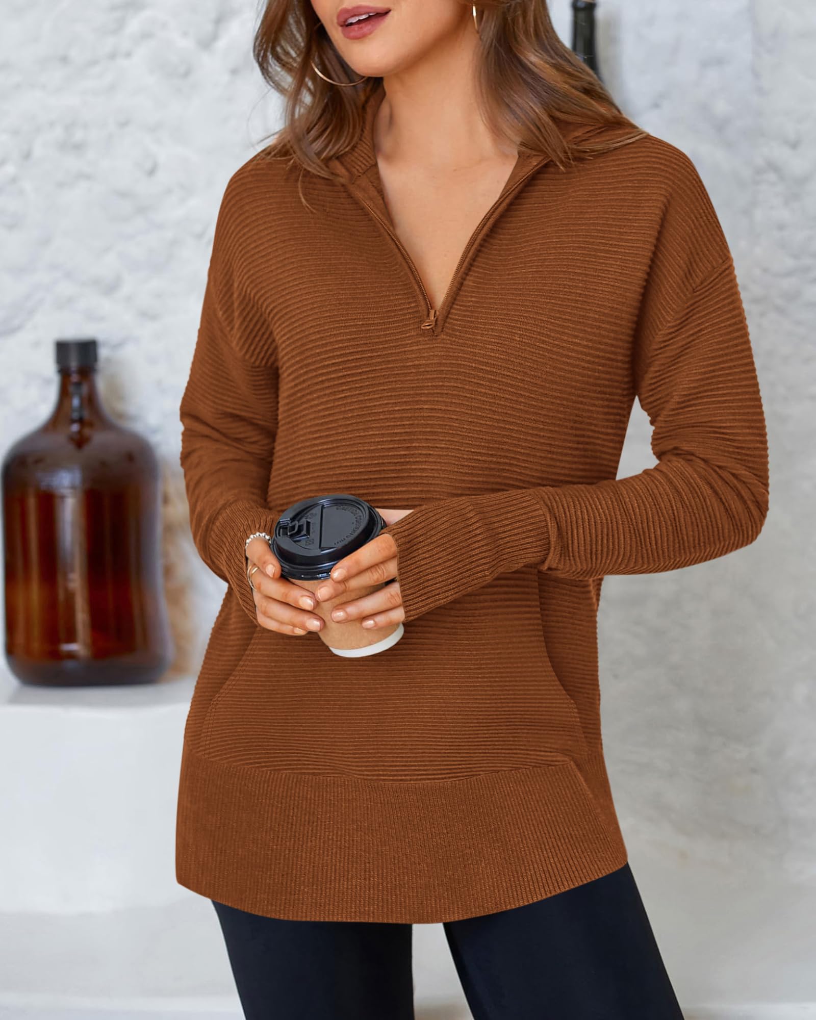 BTFBM Sweaters for Women Fall Clothes Pocket Quarter Zip Pullover V Neck Long Sleeve Knit Trendy Winter Sweater