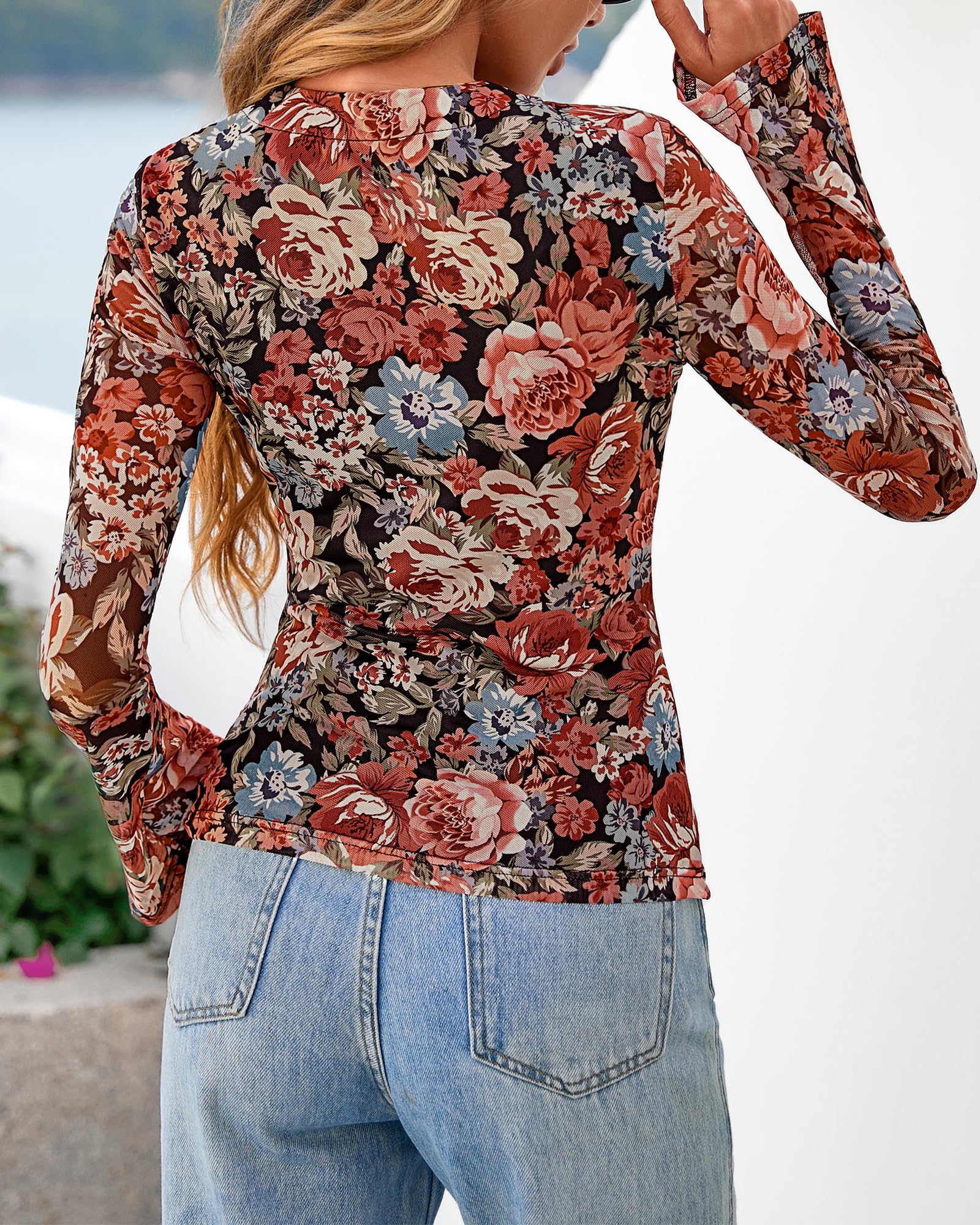 BTFBM Button Down Shirts for Women Spring Boho Tops V Neck Long Sleeve Blouses Ruched Mesh Fitted Fall Fashion