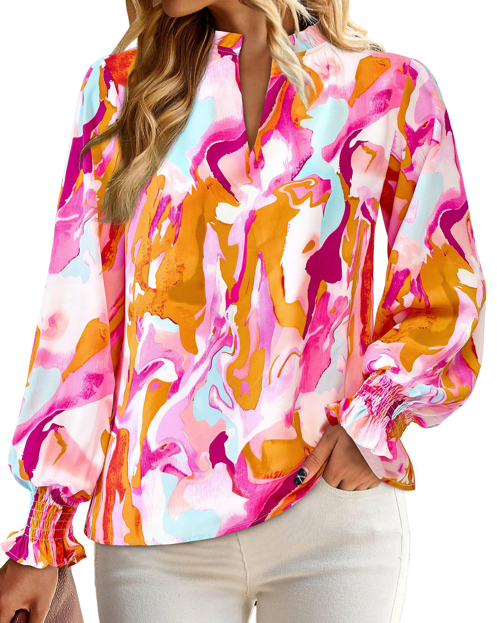 FreshPretty Womens V Neck Floral Long Sleeve Tops Summer Casual Loose Puff Sleeve Chiffon Boho Work Blouse Dressy T Shirts