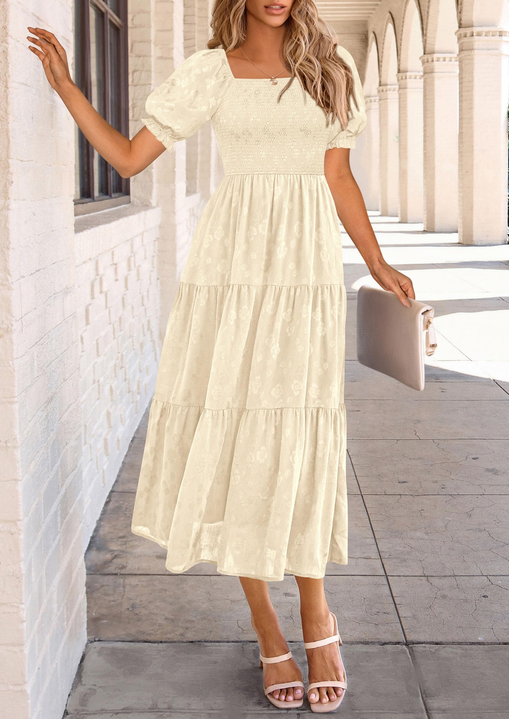 PRETTYGARDEN Women's Summer Casual Midi Dresses Square Neck Short Sleeve Smocked A Line Floral Flowy Elegant Boho Dress
