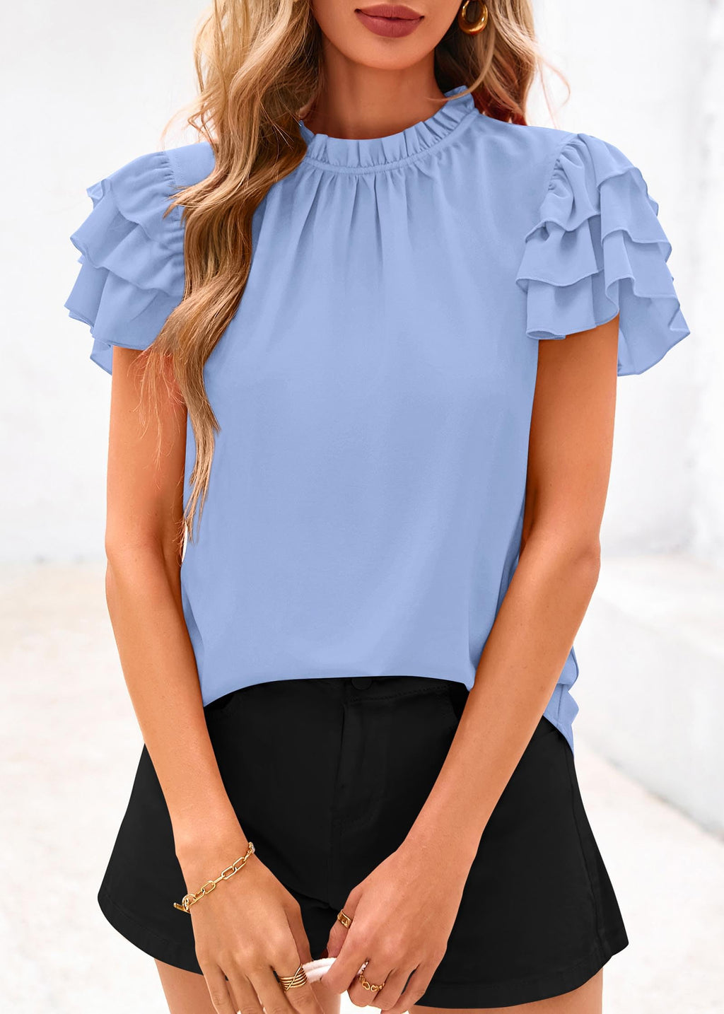 FreshPretty Blouses for Women Dressy Casual Spring Summer Ruffle Short Sleeve Mock Neck Work Shirts Tops Fashion Clothing