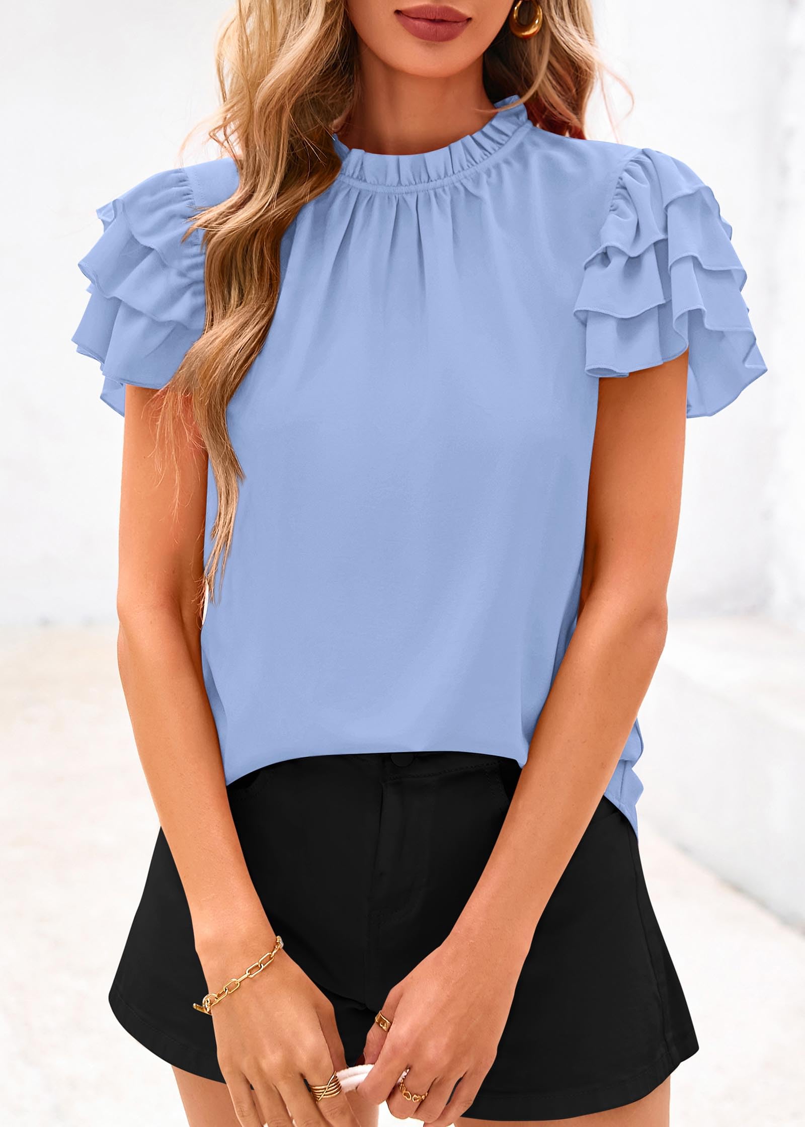 FreshPretty Blouses for Women Dressy Casual Spring Summer Ruffle Short Sleeve Mock Neck Work Shirts Tops Fashion Clothing