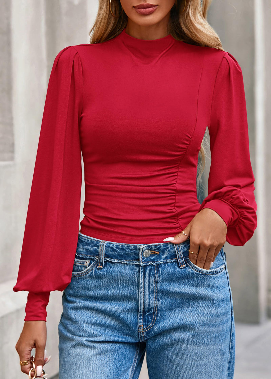 FreshPretty Blouses for Women Dressy Casual Spring Tops Fall Puff Long Sleeve Shirts Fitted Mock Neck Ruched Trendy Tops