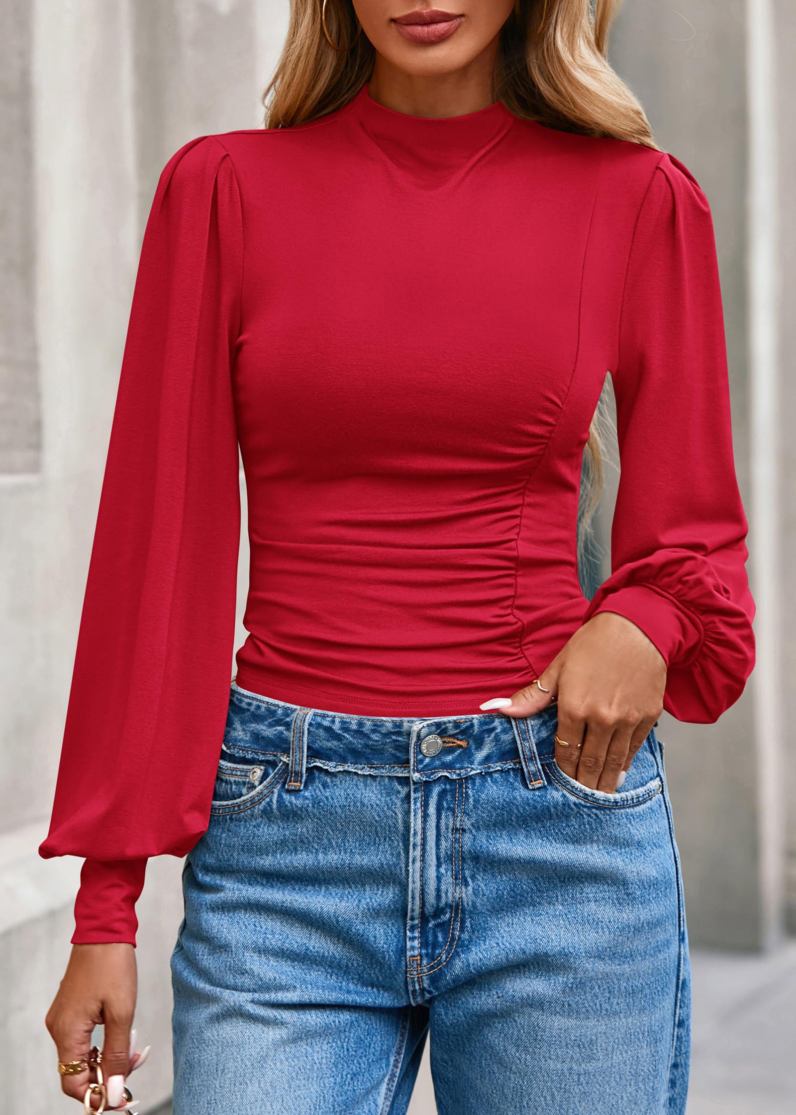 FreshPretty Blouses for Women Dressy Casual Spring Tops Fall Puff Long Sleeve Shirts Fitted Mock Neck Ruched Trendy Tops