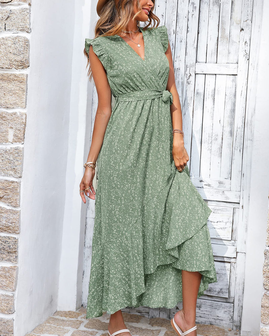 FreshPrettySummer Floral Maxi Dress for Women Vacation Ruffle Sleeve V Neck Belt Wrap Spring Beach Wedding Guest Dresses