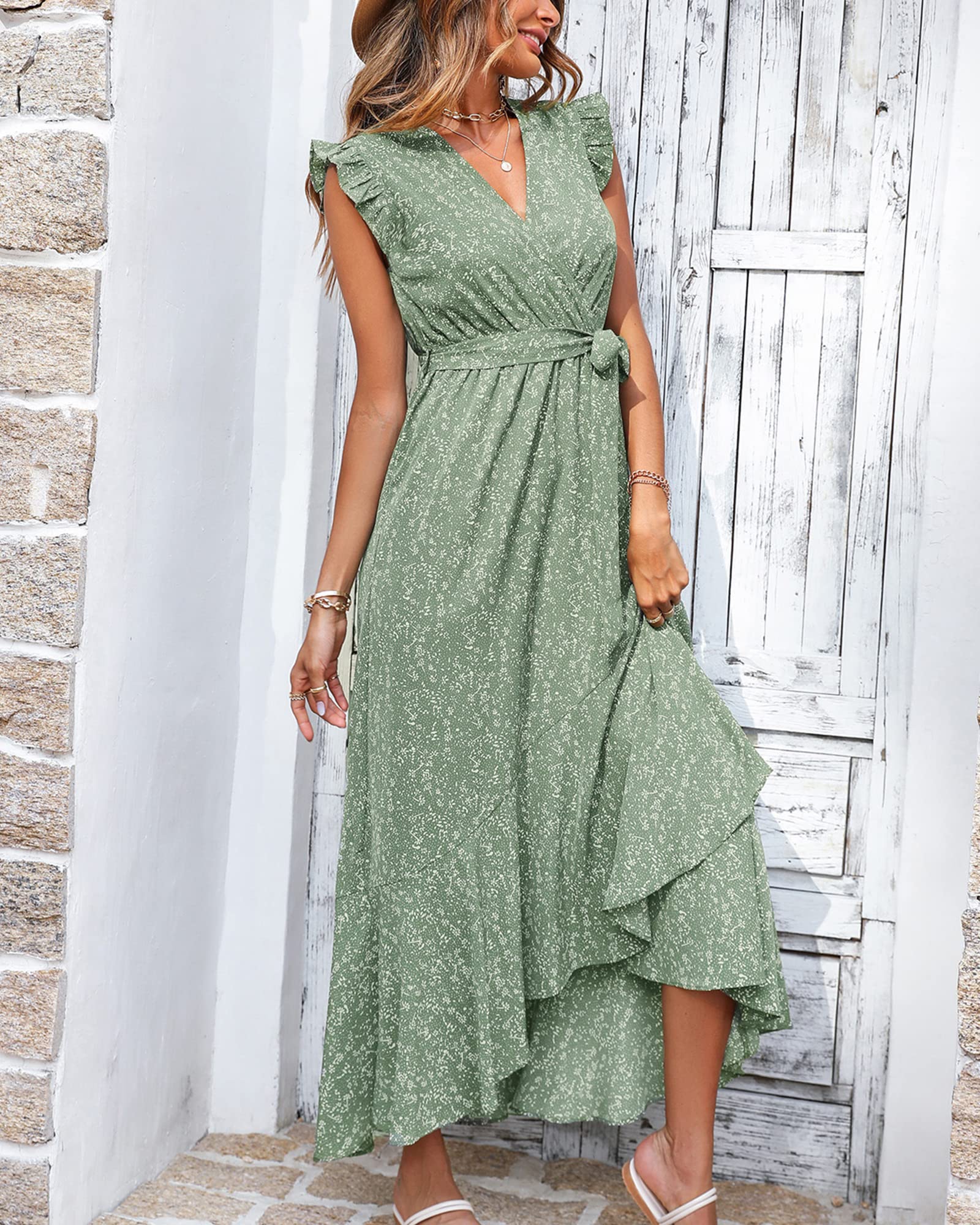 FreshPrettySummer Floral Maxi Dress for Women Vacation Ruffle Sleeve V Neck Belt Wrap Spring Beach Wedding Guest Dresses
