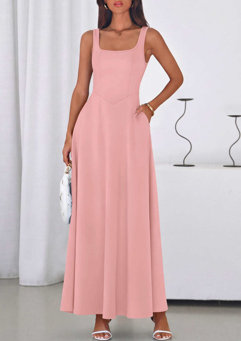 PRETTYGARDEN Womens Summer Dresses Sleeveless Elegant Square Neck Aline Swing Maxi Beach Wedding Guest Dress Pockets