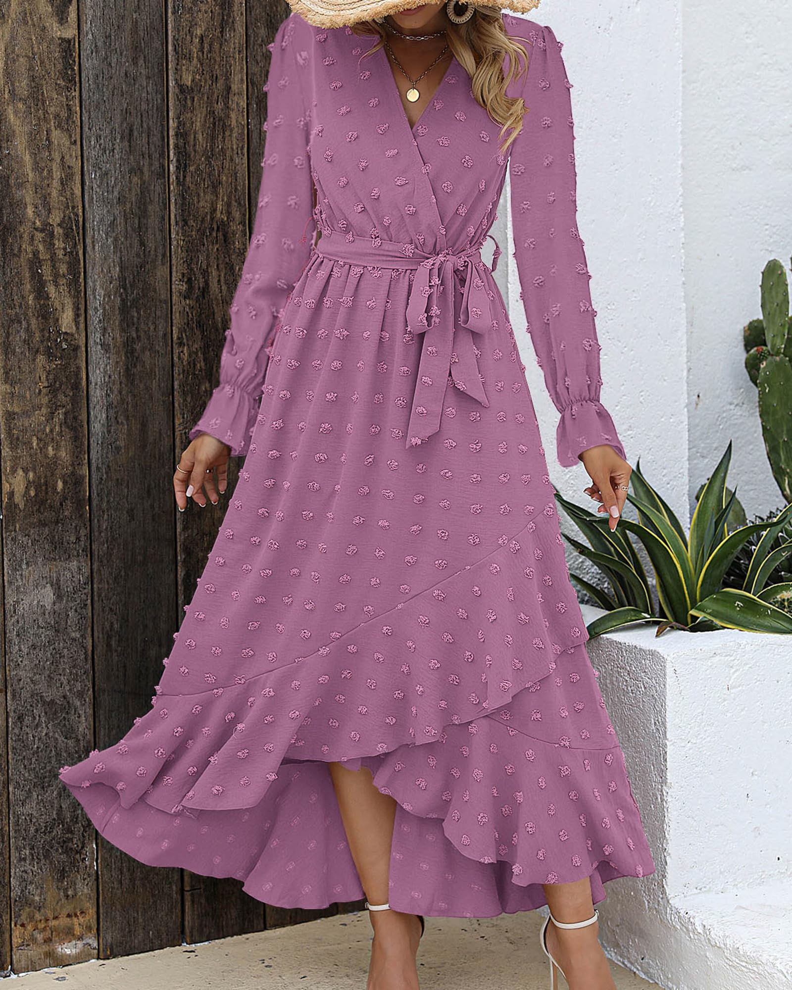 FreshPretty Long Sleeve Maxi Dresses for Women V Neck Swiss Dot Boho Flowy Slit Cocktail Wedding Guest Dress Fall Clothes